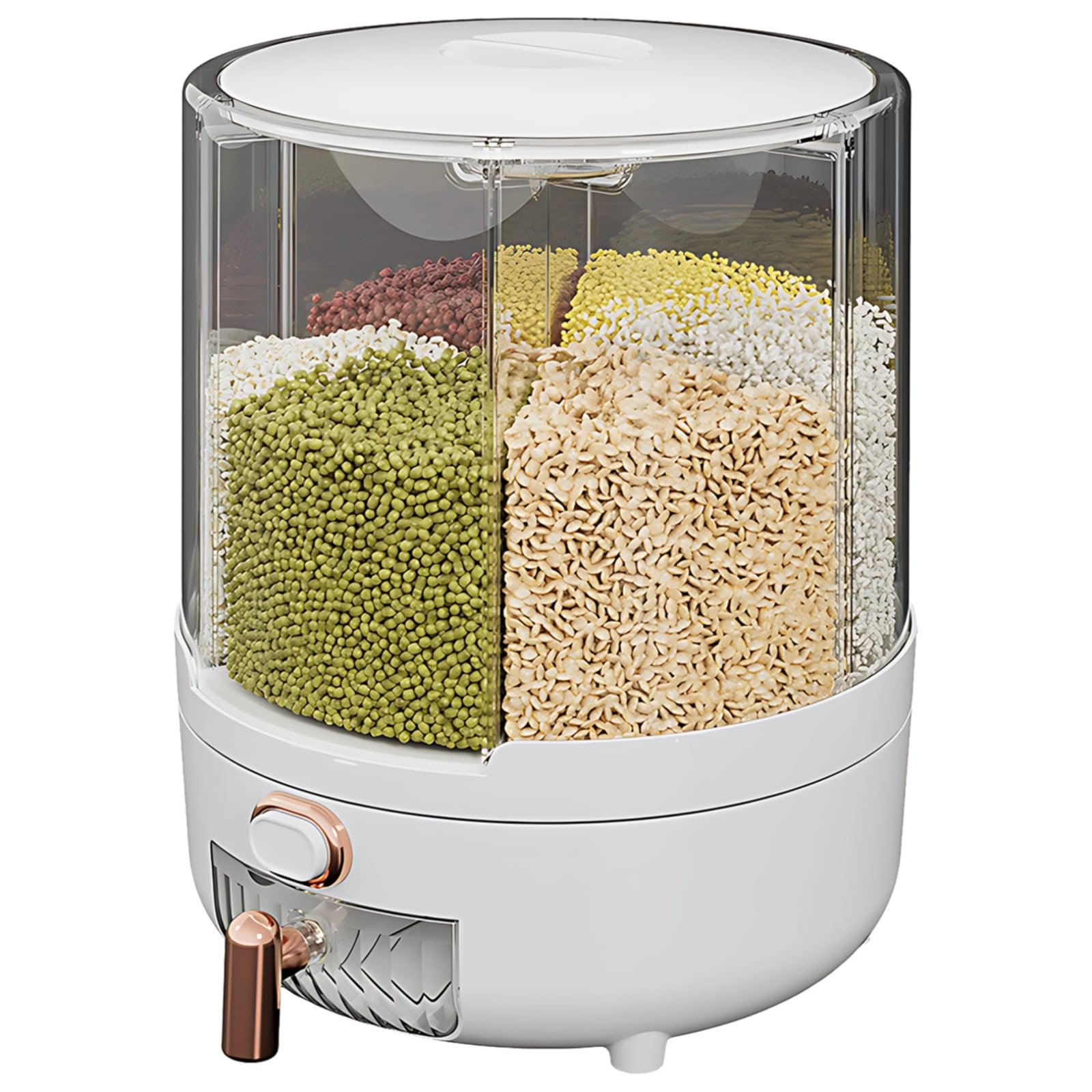Contenitore per cereali con tazza versante, grande dispenser per alimenti secchi rotante a 360, dispenser per cereali a sei scomparti, dispenser per farina per dispensa cucina trasparente