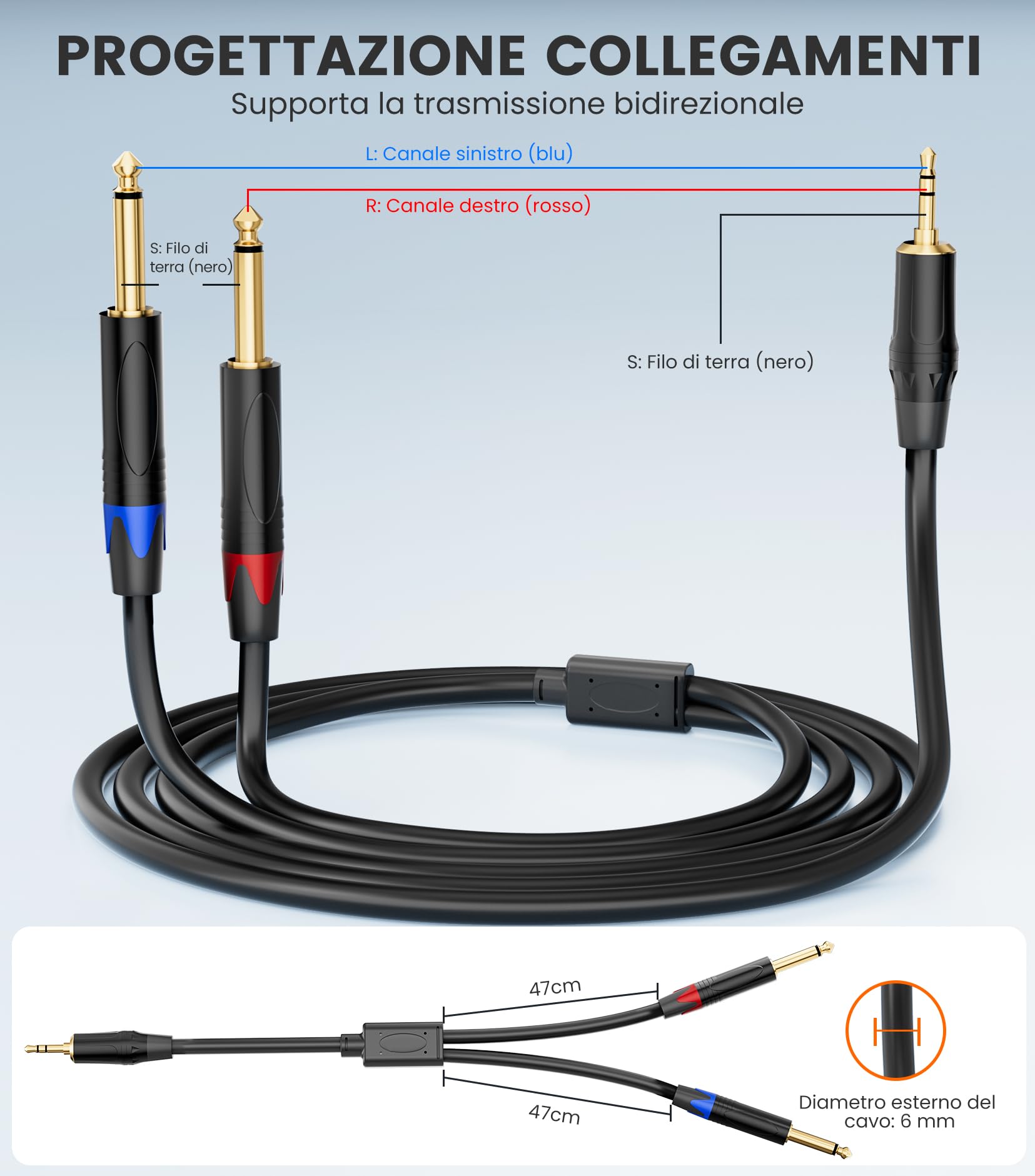 Cavo stereo da 3,5 mm a 6,35 mm, 1 m, mini jack TRS da 3,5 mm a doppio TS mono da 6,35 mm, cavo splitter a Y per lettori CD, altoparlanti, amplificatori