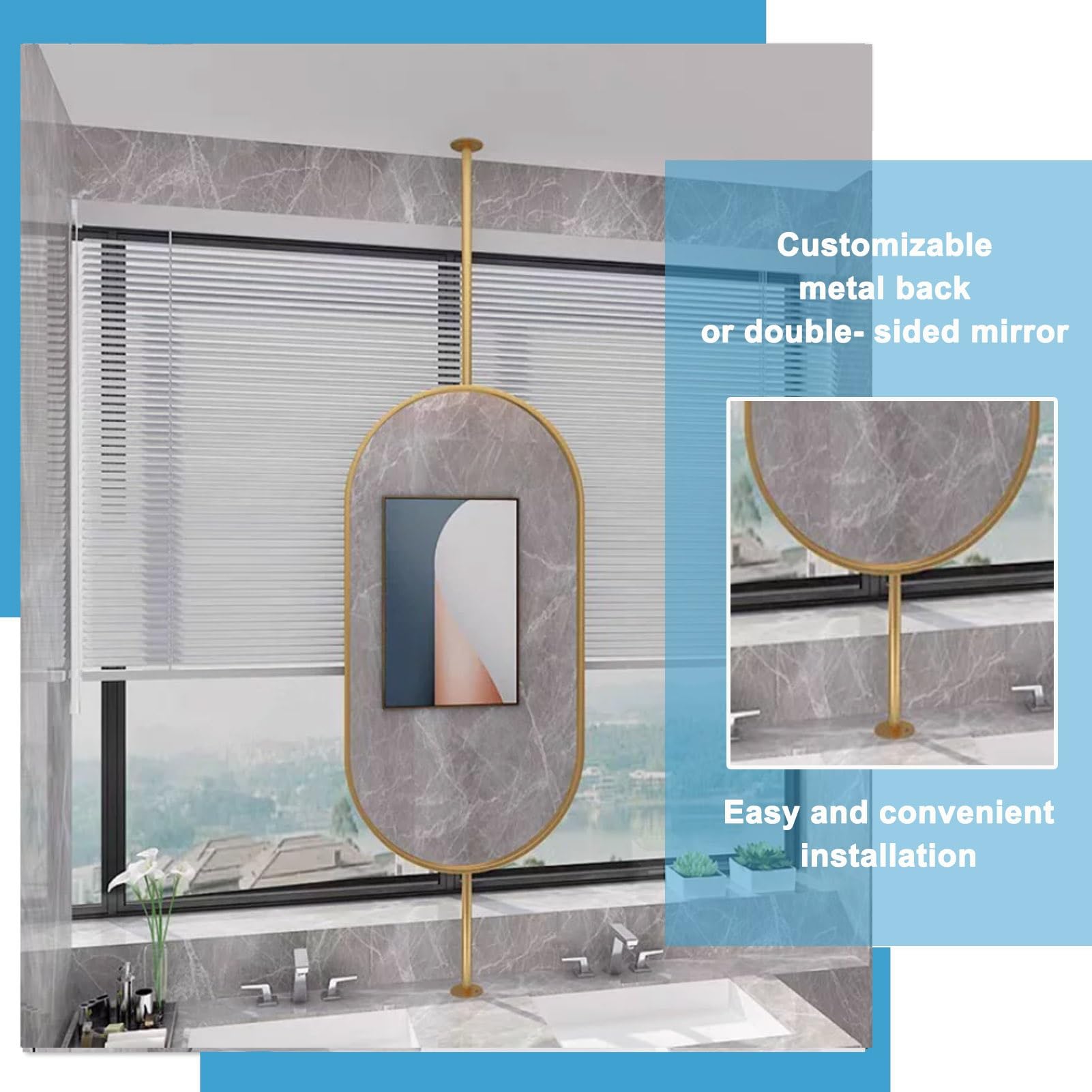 Grande specchio ovale per il trucco del bagno, casa o hotel, specchio sospeso montato a soffitto, specchio da parete galleggiante, oro(50cmx60cm)
