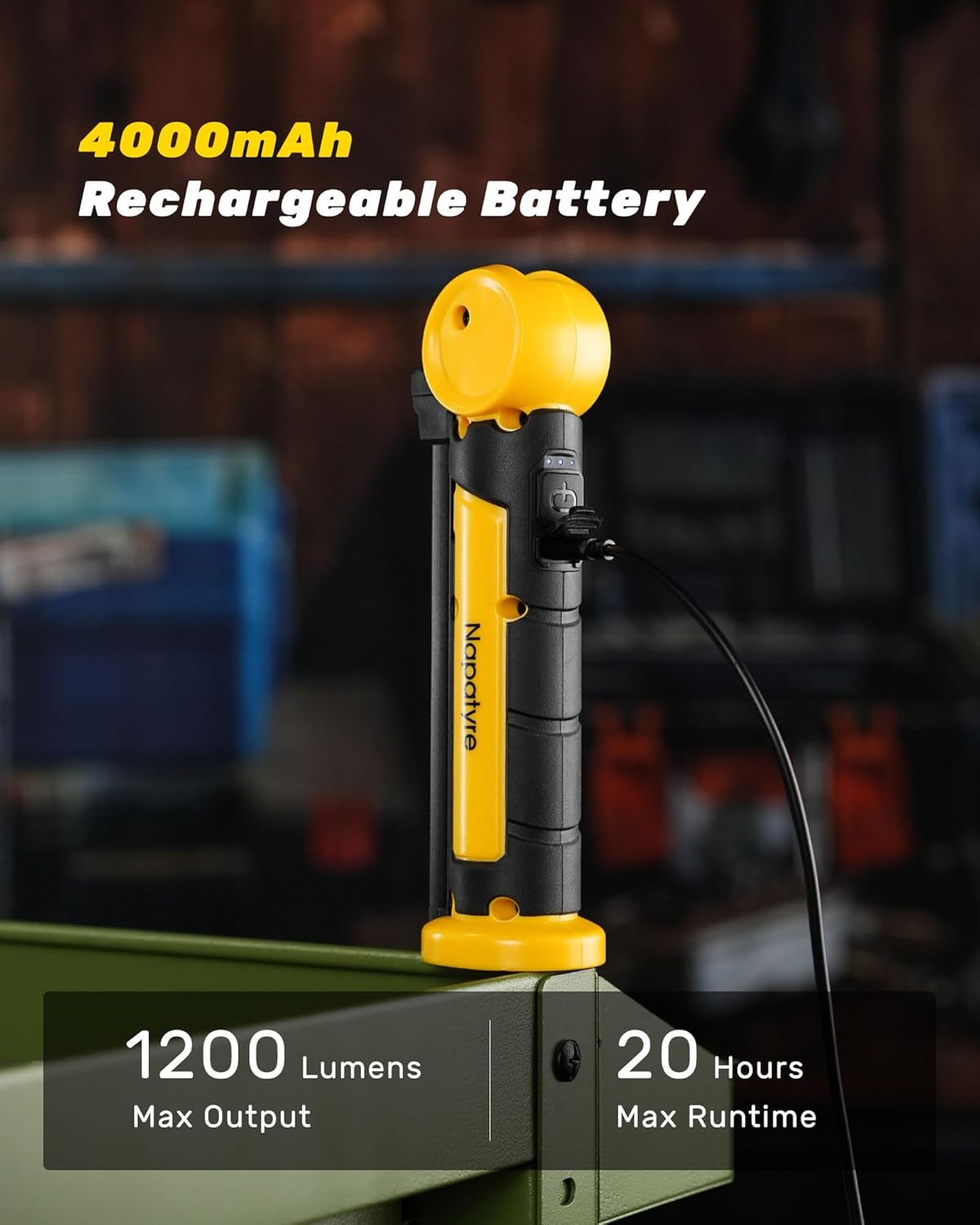 Rechargeable LED Work Light 1200LM, 4000mAh Foldable Magnetic Flashlight with 3 Modes, 270° & 180° Rotation, Portable Mechanic Light for Garage, Car Repair, Camping, Emergency