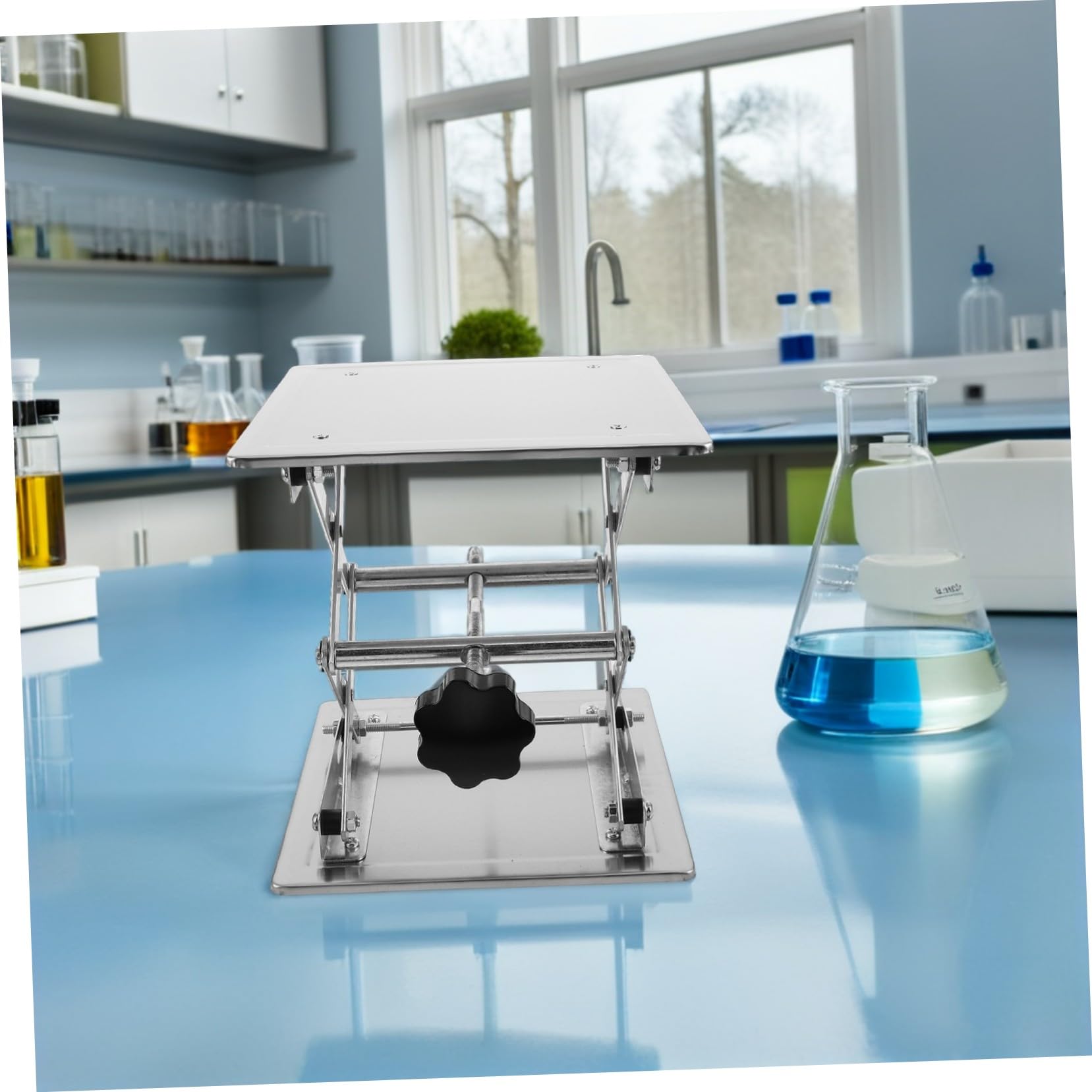 KOMBIUDA Plataforma Elevadora de Laboratorio Ajustable Gato de Mesa de Acero Inoxidable 200x200mm Soporte Manual para Experimentos Científicos