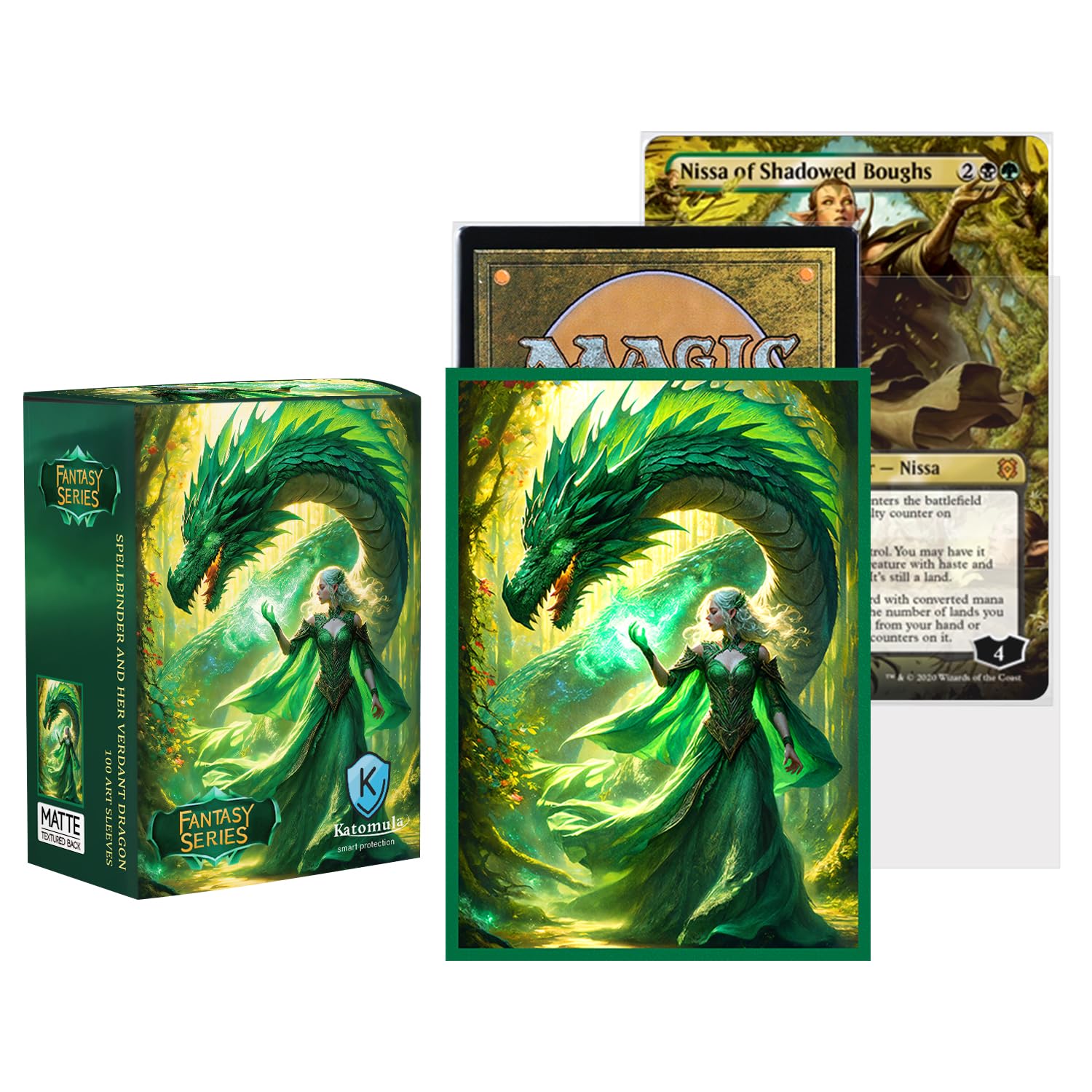 Katomula 100 PCS MTG Card Sleeves with Perfect Fit Inner Sleeves - Art Matte - Standard Size - Spellbinder & Her Verdant Dragon