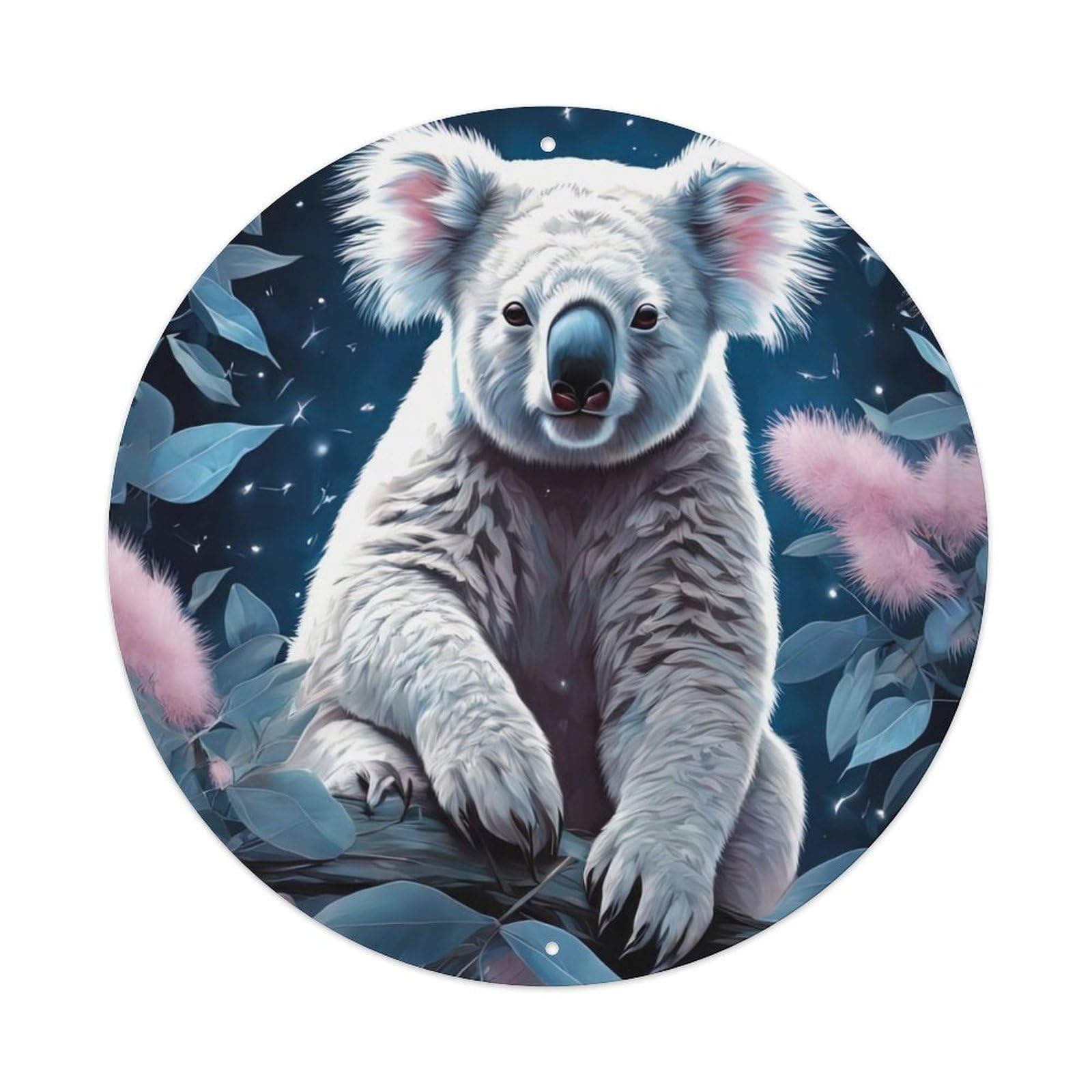 Wildlife Artwork Koala Among Leaves Vintage Metal Tin Sign Plaque Wall Decor for Cafe, Club, Garden Round Metal Poster 8x8Inch