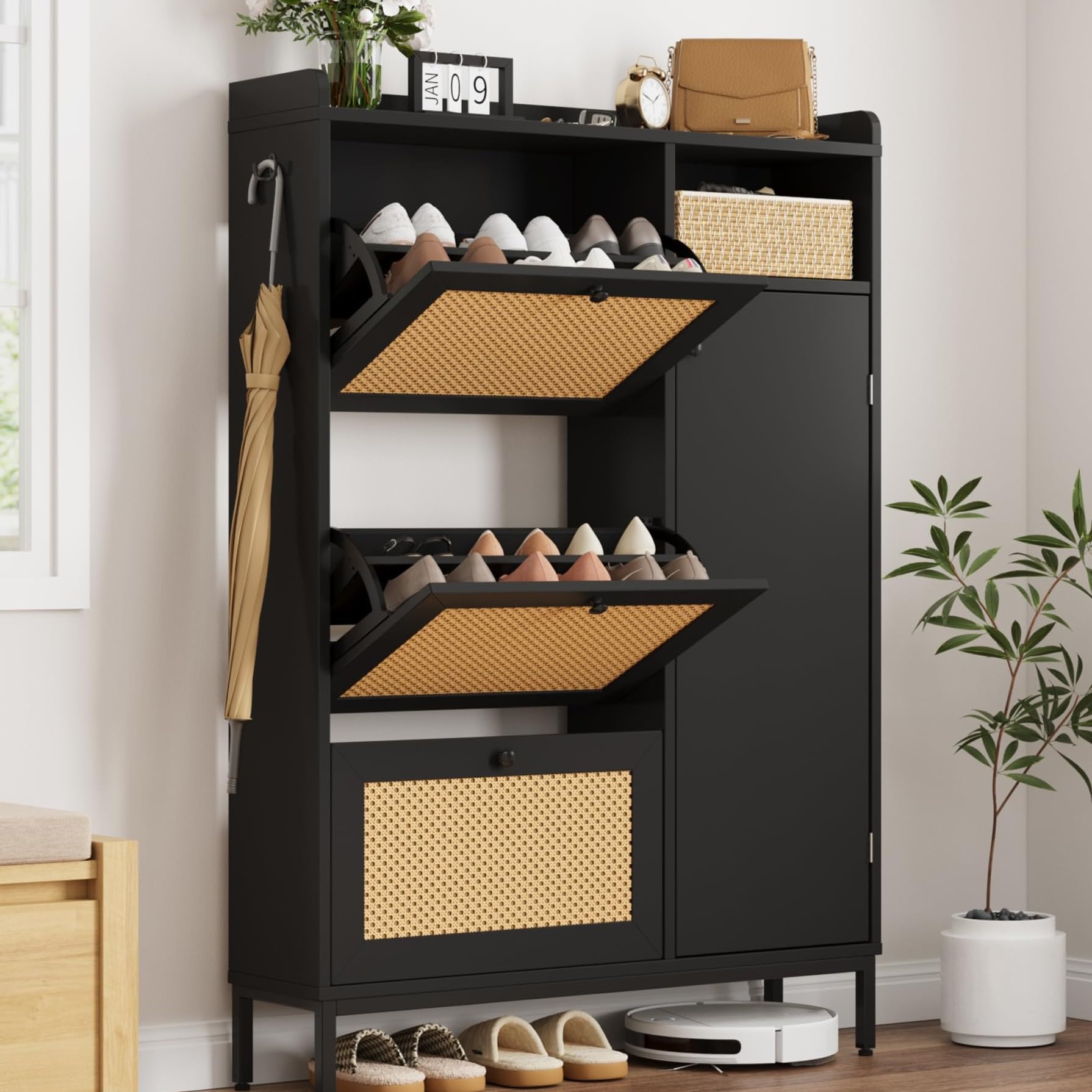 Litake Zapatero Estrecho con Puertas de ratán y 3 cajones abatibles, 4 Niveles con estantes Ajustables, Gran Capacidad hasta 50 Pares, para recibidor/Pasillo/Armario - Negro, versión Mejorada