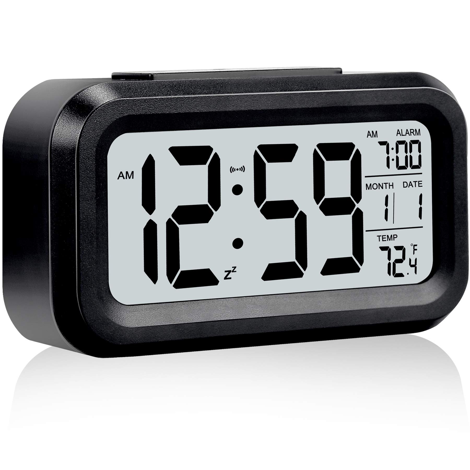 kadio Digital Alarm Clock,Battery Operated Small Desk Clocks,with Date,Indoor Temperature,Snooze Function, LCD Electronic Clock for Bedroom Home Office - Dark Black