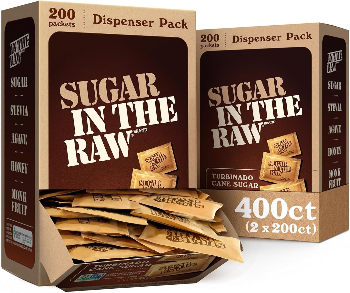 Sugar In The Raw Granulated Turbinado Cane Sugar On The Go Packets, No Erythritol, Pure Natural Sweetener, Hot & Cold Drinks, Coffee, Baking, Vegan, Gluten-Free, Non-GMO, 200 Count Packets (2-Pack)