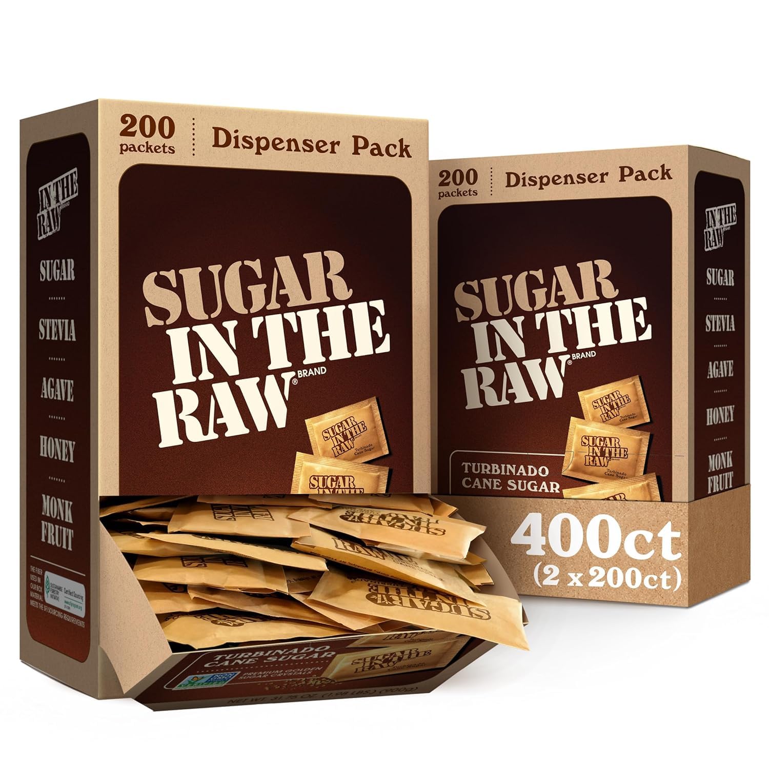 Sugar In The Raw Turbinado Cane Sugar Packets, 200 Ct Box, 2 Pack, Pure, All-Natural Turbinado Sugar, Non-GMO Project Verified, Kosher, Vegan and Gluten Free