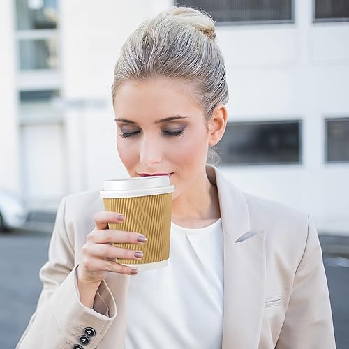 Miniatura 5 de NYHI 100 vasos de papel kraft ondulado de 10 onzas, marrón, caliente, frío, 3 capas, onduladas, pequeñas, aisladas, desechables, para capuchino,