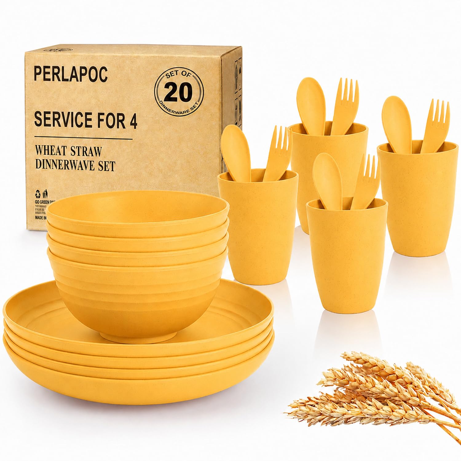 20 Piece Wheat Straw Dinnerware Sets for 4, Unbreakable Dish Set,Reuseable Kids Plates and Bowls Sets for 4, Lightweight Kitchen Dishware Set for Camping, Picnic, and Famliy Meal - Yellow
