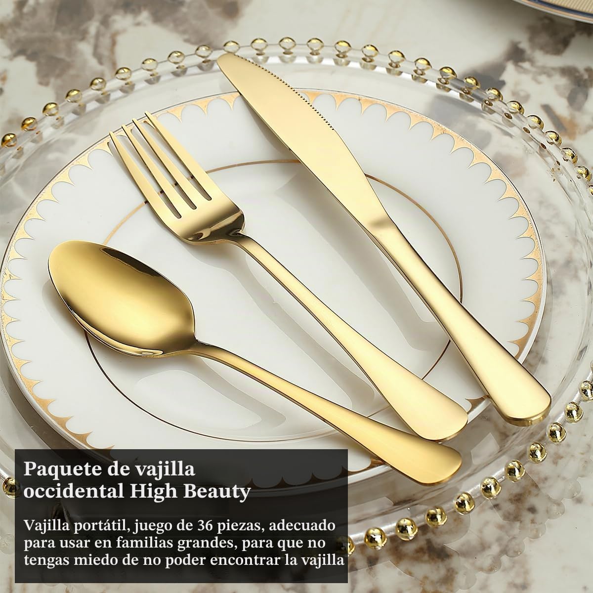 Juego de cubiertos de oro 36 piezas Servicio para 12, cuchillos de acero inoxidable juego de tenedores de cuchara para boda, fiestas, vísperas, hogar, regalo para Acción de Gracias
