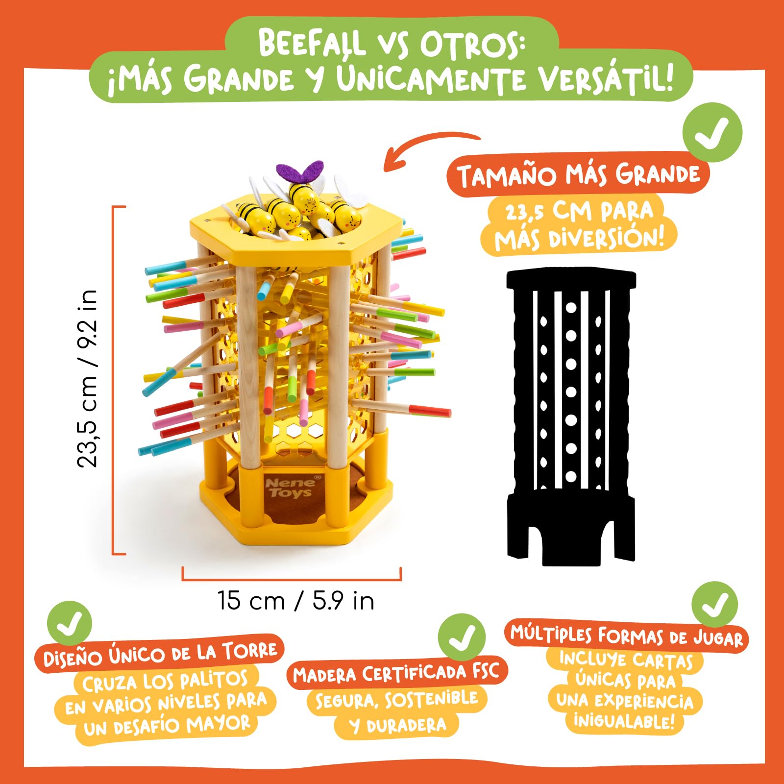 Nene Toys BEEFALL, Juego Montessori 4-en-1 para Niños 3-9 Años - Juguete Educativo de Madera con Colmena, 12 Abejas, Palitos de Colores, Dados y Cartas - Juego Familiar para el Desarrollo Cognitivo