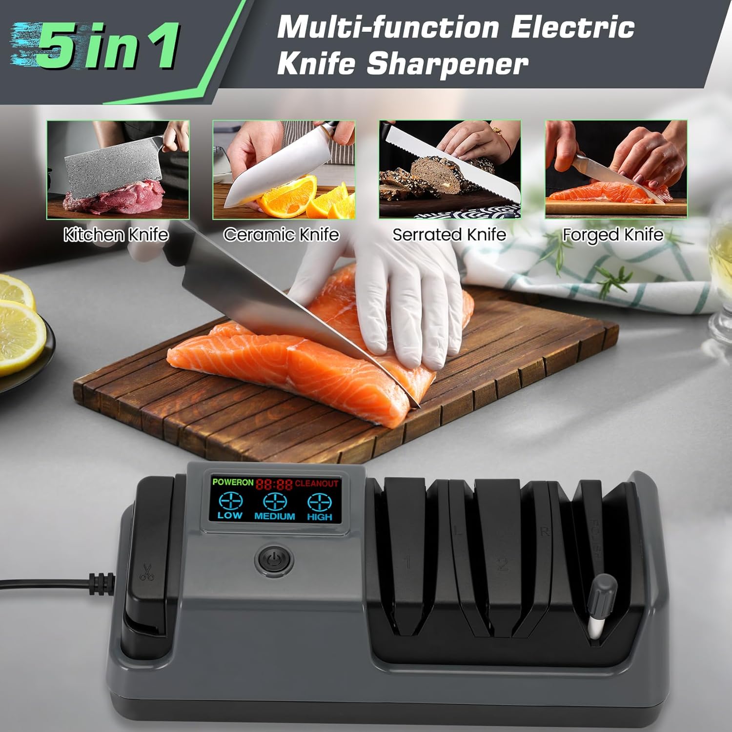 Electric Knife Sharpener with LCD Screen for Straight, Serrated, Meat Cleaver, Ceramic Knives & Scissors, 3 Rotational Speed Adjustable Electric Kitchen Knife Sharpener, 100% Diamond Abrasives