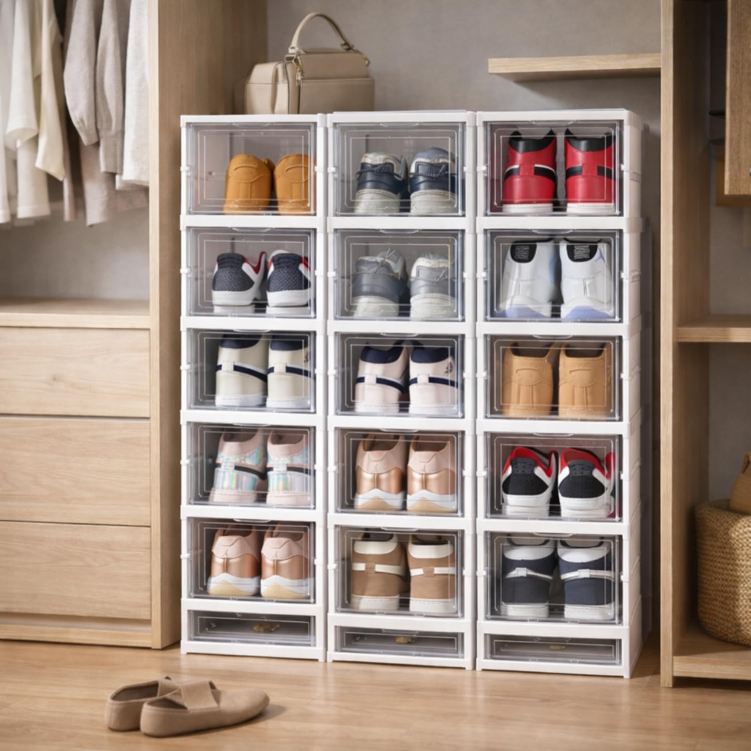Porta Scarpe Verticale Impilabili Pieghevole Scatole Trasparenti 6 Box Salvaspazio Apertura Frontale Organizzatore PortaScarpe in Plastica Contenitori Traspiranti Scarpiera Sneakers
