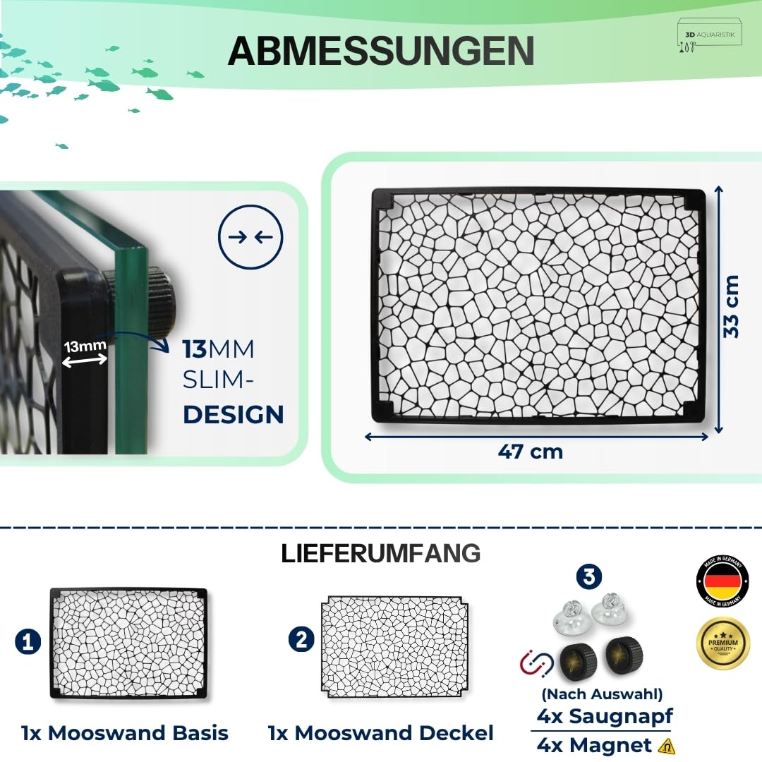 Generisch Mooswand XL 47x33 cm für Aquarium Rückwand-Gitter zum Begrünen - Slim Design mit Saugnapf - für Moos & Aufsitzerpflanzen - Aquarium Pflanzen Zubehör | XL-Edition (47x33 cm) für große Aquarien mit Magnet oder Saugnapf