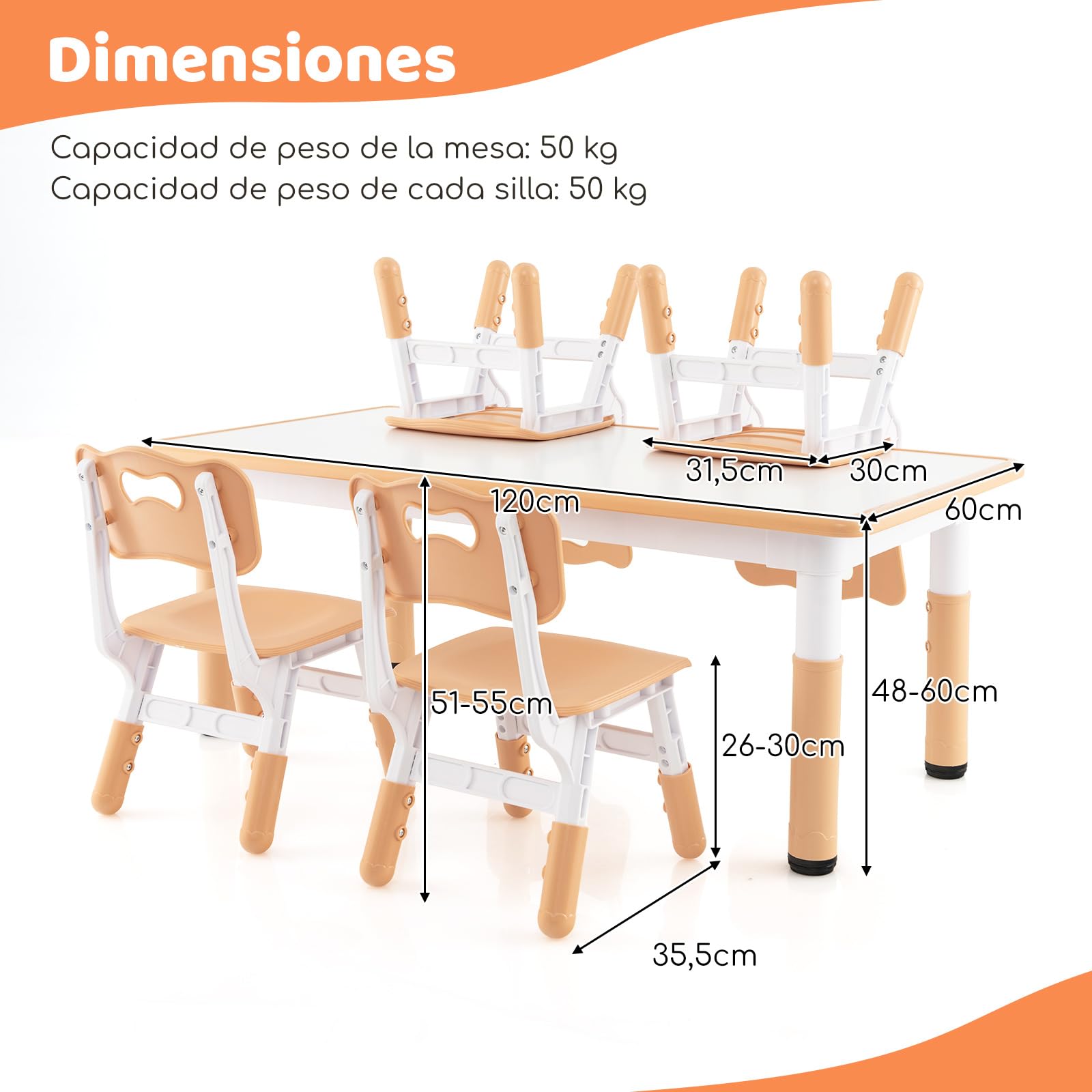 GOPLUS Juego de Mesa Infantil con 4 Sillas, Escritorio Infantil y Sillas Regulables en Altura con Bandeja para Graffiti, Mesa de Dibujo para Niños y Niñas de 2+ Años, Capacidad 50 KG (Natural)