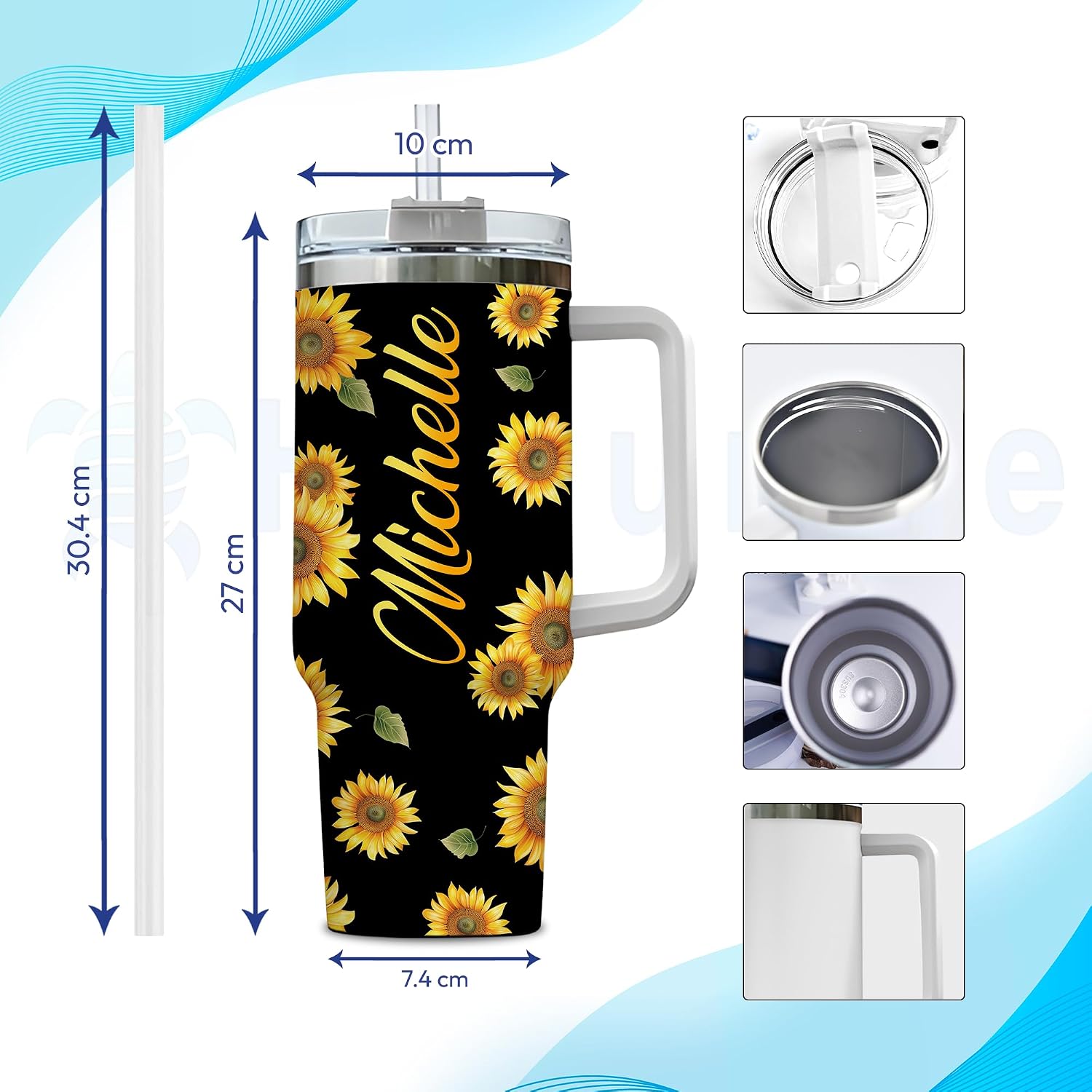 Hyturtle Personalized Sunflower Tumbler - Sunflower Gift For Lover Women Mom - Floral Gift For Her Daughter On Birthday - Floral Tumbler - Custom Name Travel Coffee Cup 40 Oz With Lid And Straw