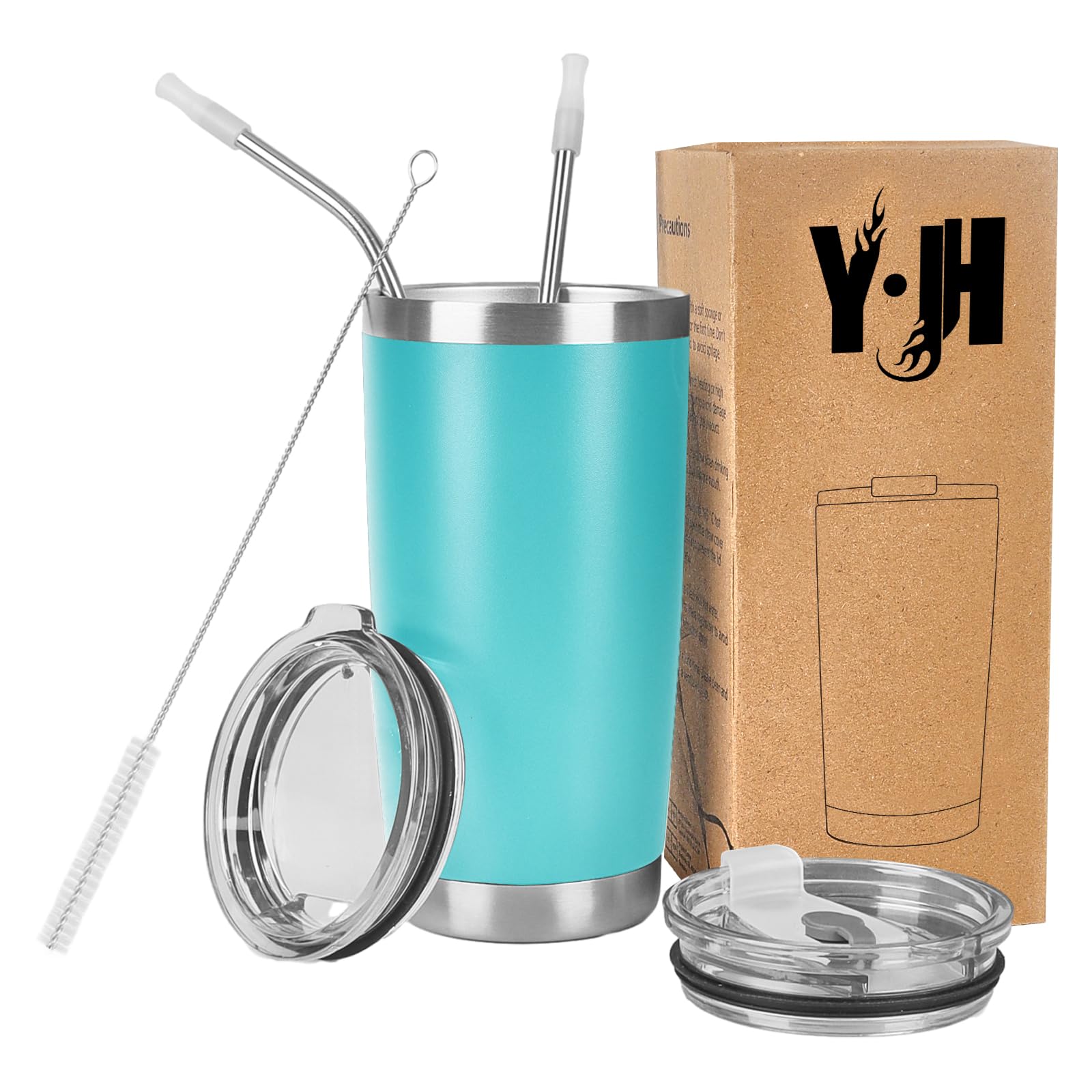 Y·J&H 20oz (550ml) Doppelwandig Vakuum Isolierter Autobecher, Edelstahl Reiseflasche, Thermobecher Kaffee to Go mit 2 Spritzfestem Deckel 2 Strohhalm, Rohrbürste,BPA Free - Türkis