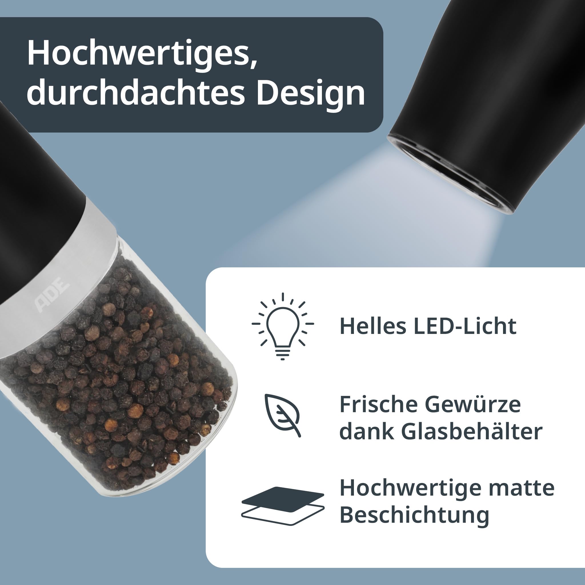 ADE Salz und Pfeffermühle elektrisch mit Kippsensor 2er-Set | Gewürzmühle mit Keramikmahlwerk | stufenlos einstellbar | Salz, Pfeffer, Chili, getrocknete Kräuter | Kräutermühle | mit LED-Beleuchtung