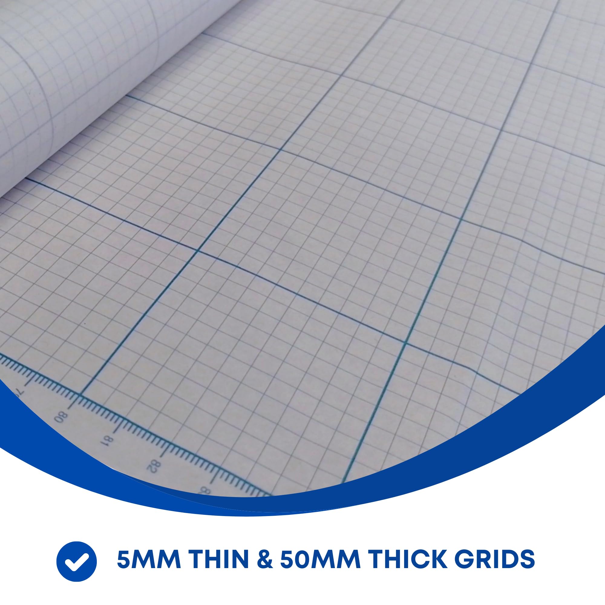 Papel cuadriculado | Rollo de 914 mm x 10 m | Cuadrículas azules impresas de 5 mm y 50 mm | Regla impresa de longitud completa | para dibujo, corte de patrones, ingeniería | Disponible en 50 g/m² y 90