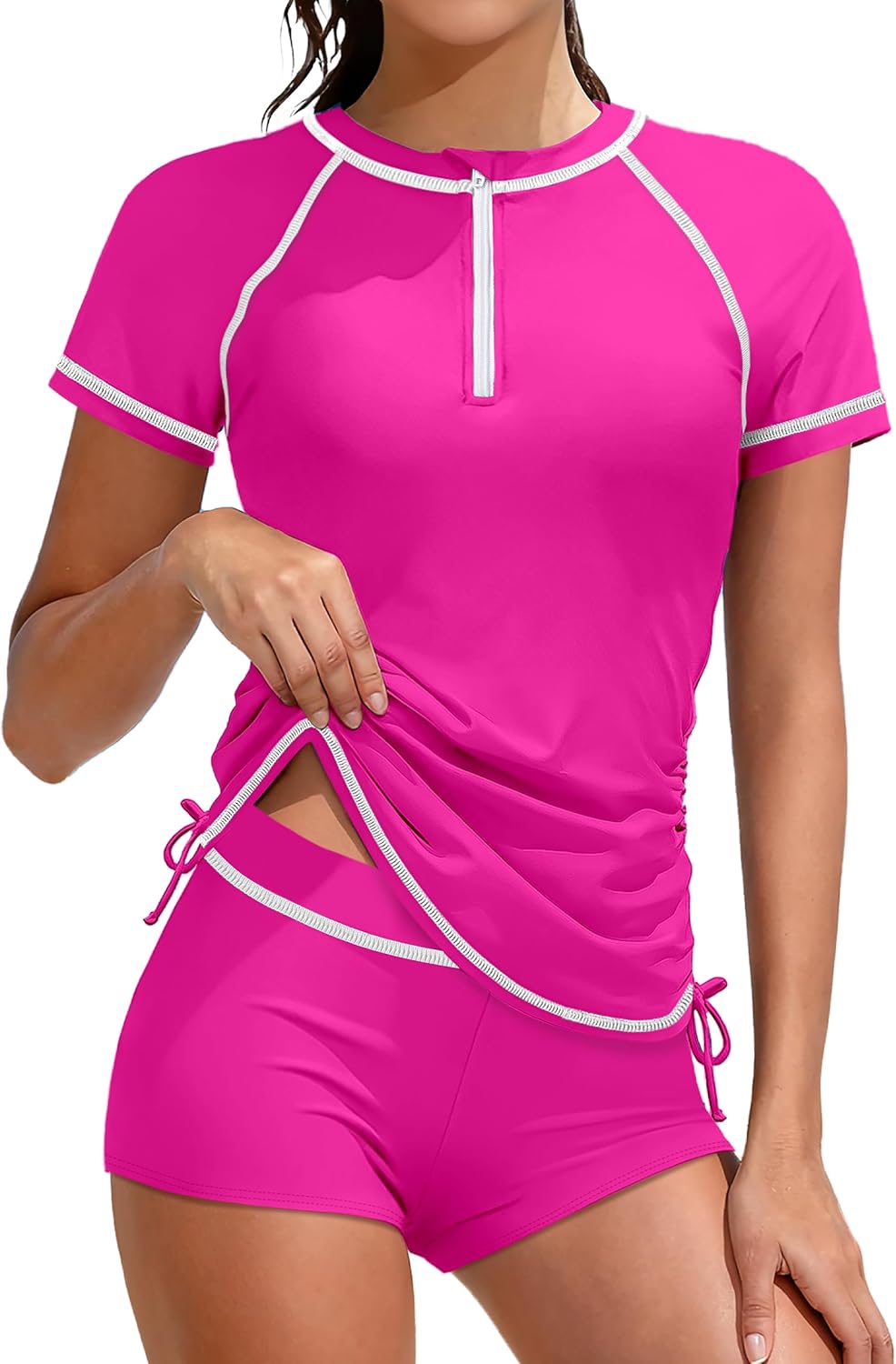 Girls Swimsuit Rash Guard Bathing Suit for Girls 2 Piece Short Sleeve Solid Color UPF 50+ Padded Zip Swimwear 7-14y