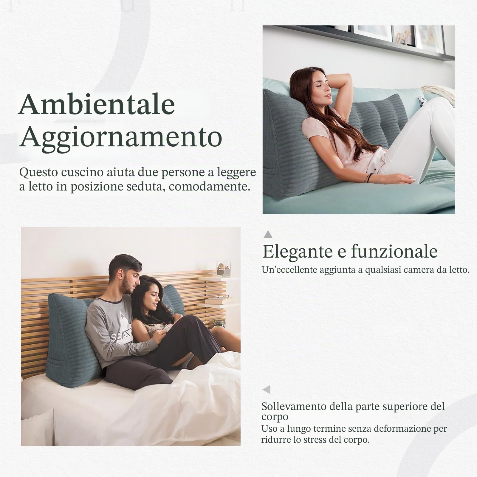 cuscino con cuneo in corduroy - grande cuscino triangolare per testiera per divano letto e riposo, supporto per la lettura, cuscinetto per posizionamento dei piedi (Grigio, 160x50x20cm)