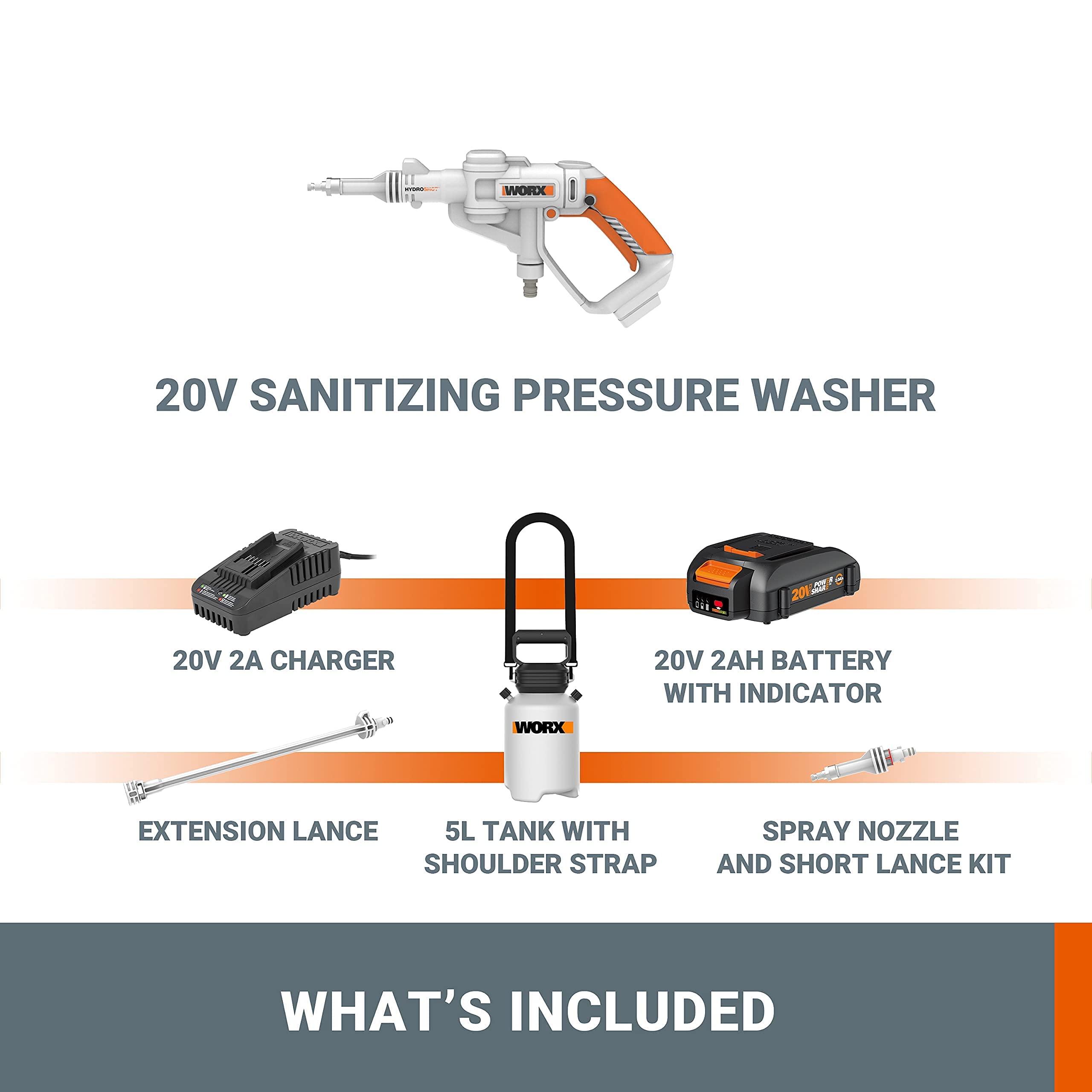 WORX WP651E Hydroshot akumulatorowy opryskiwacz ciśnieniowy 20 V z delikatną mgiełką i zbiornikiem na ramię 5 l – w zestawie akumulator 2 Ah i szybka ładowarka – kompatybilny z PowerShare