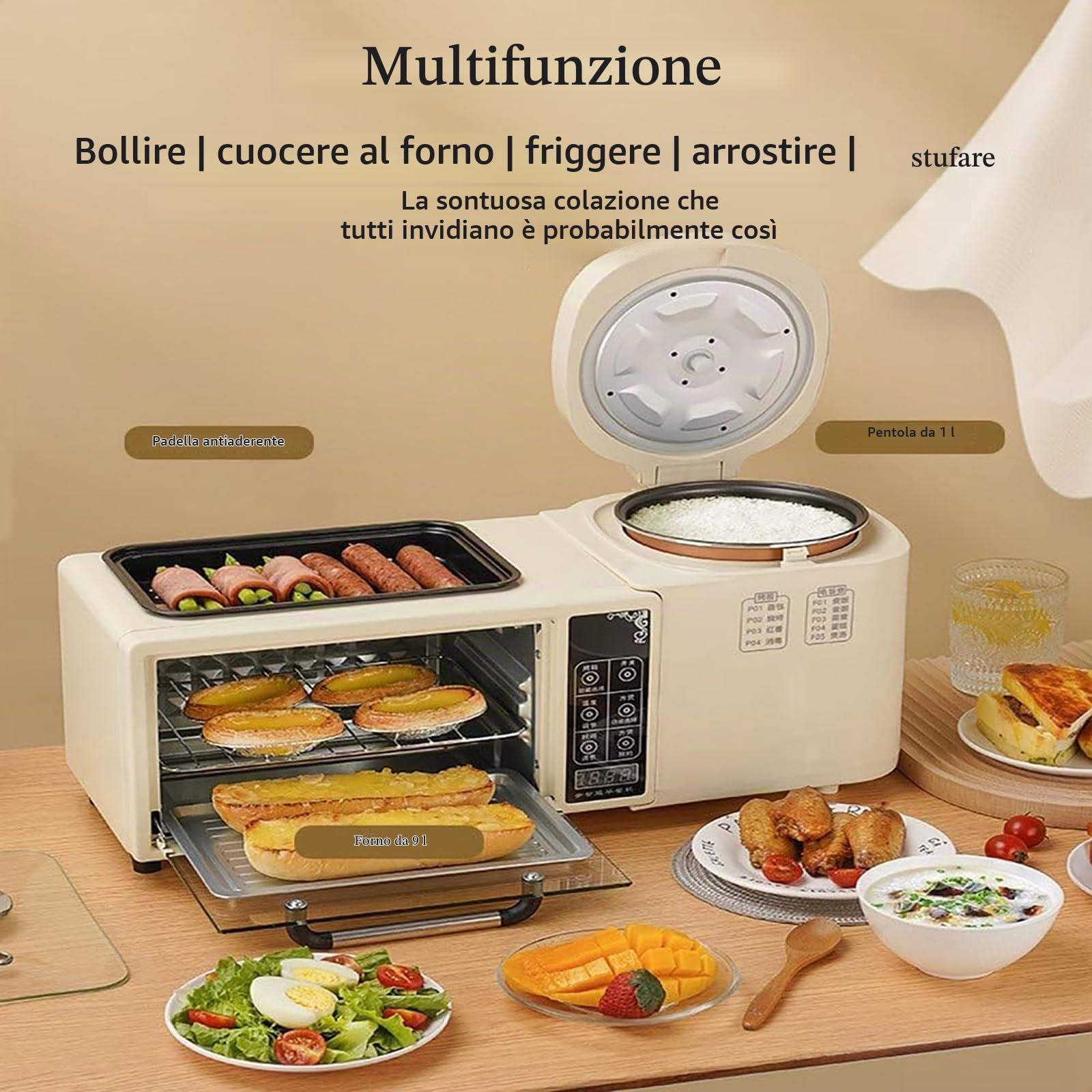 Creatore di Colazione Multifunzione, Stazione per la Colazione con pentola da Cucina 1L, Touch Screen HD, Controllo a Temperatura Indipendente a 2 Strati, fripano Antiaderente,