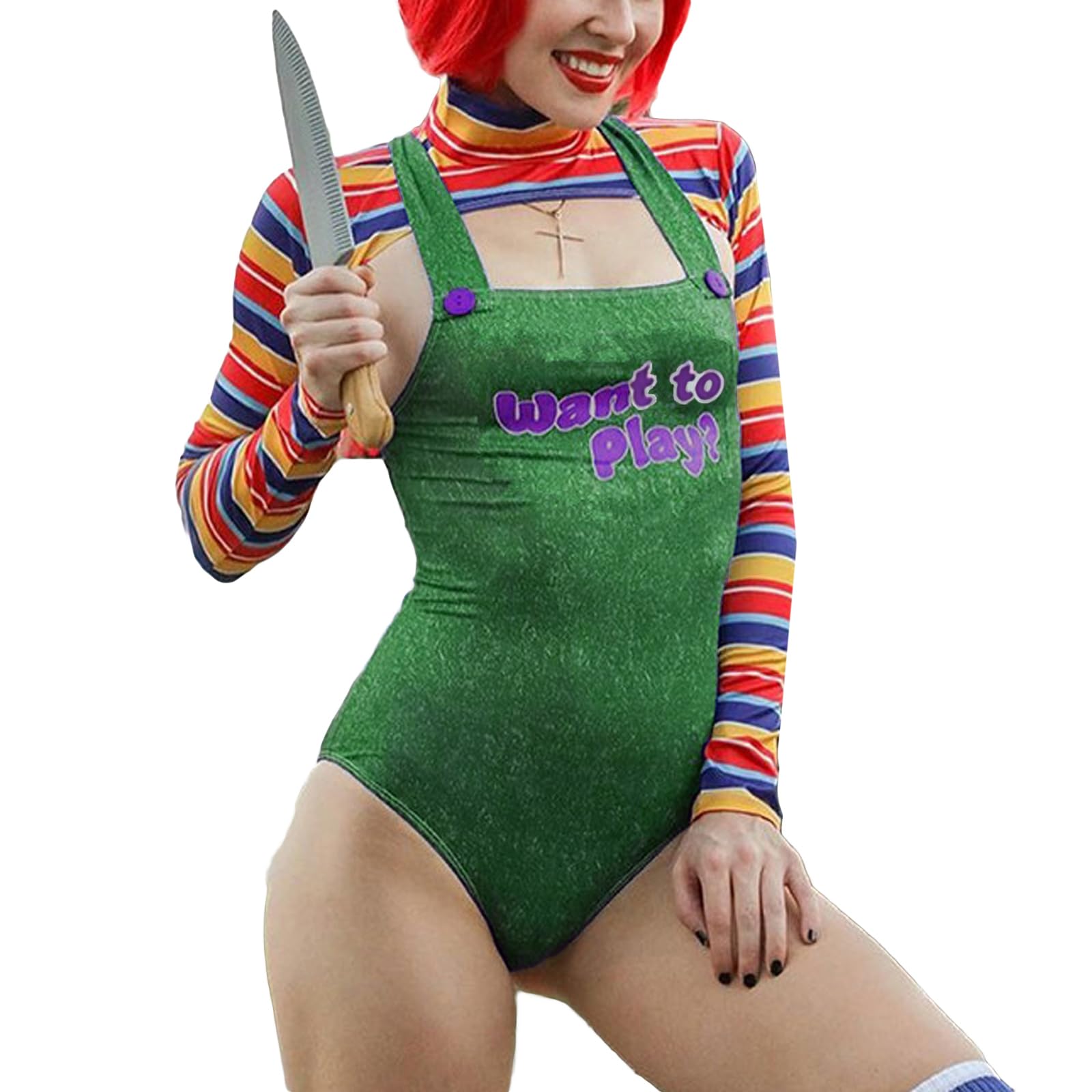 SANSIWU Women Killer Doll Costume,Nightmare Killer Doll Romper Costume Set 2pcs Letter Print Square Neck Short Playsuit One-Piece Romper (E-02, S)