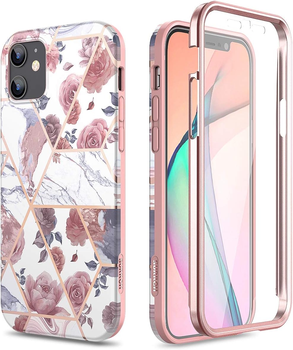 SURITCH iPhone 12 Mini Phone Case, Built-in Screen Protector Full-Body Protection Shockproof Rugged TPU Bumper Protective Cover for iPhone 12 Mini 5G 2020 5.4 inch, Rose Marble