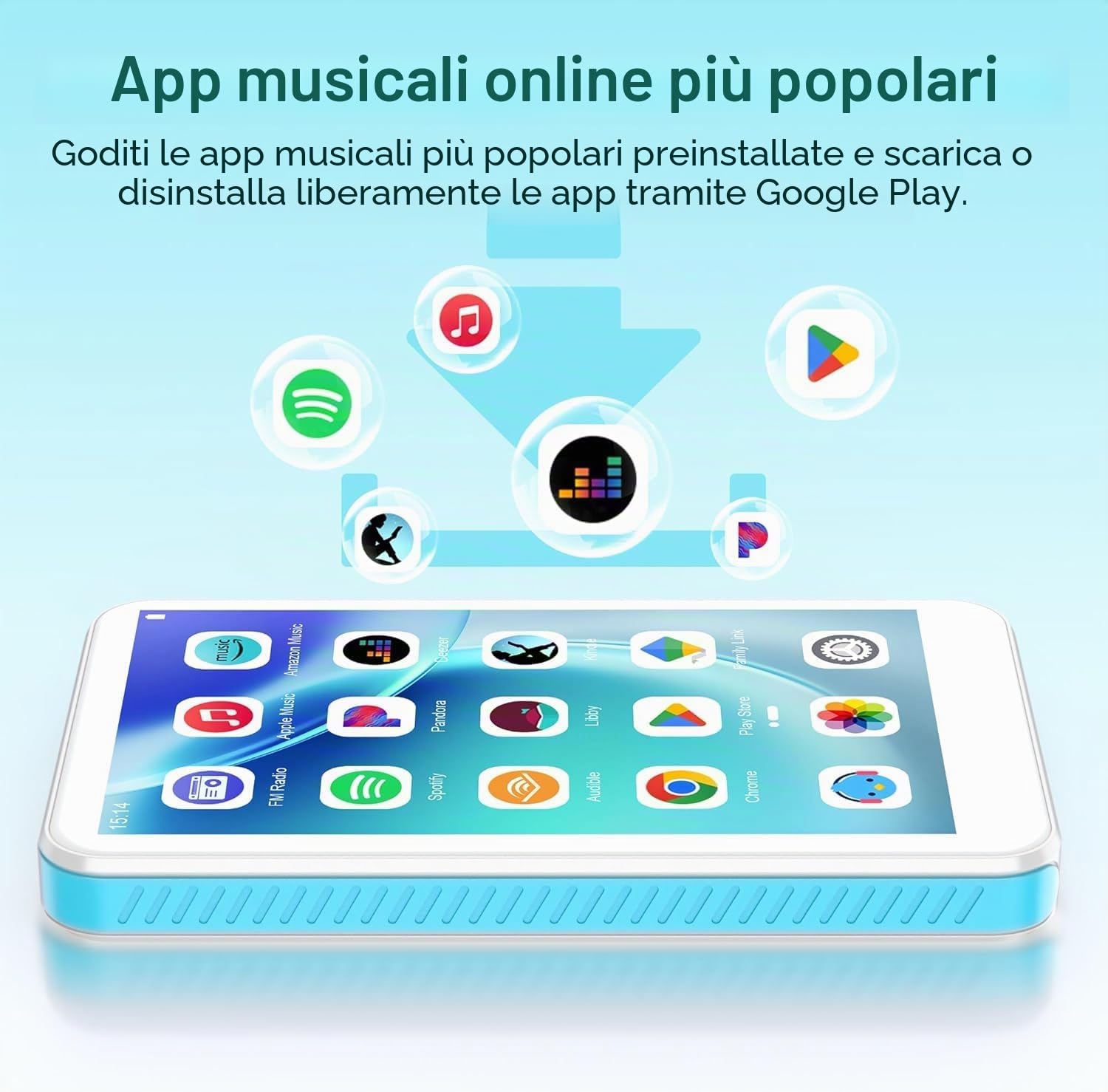 SWOFY 160GB Lettore MP3 con Bluetooth e WiFi, D08 Lettore Android 13, Touchscreen da 4 Pollici, Bluetooth, WiFi, Supporta Spotify, Audible, Play Store e Radio FM, Espansione fino a 1TB