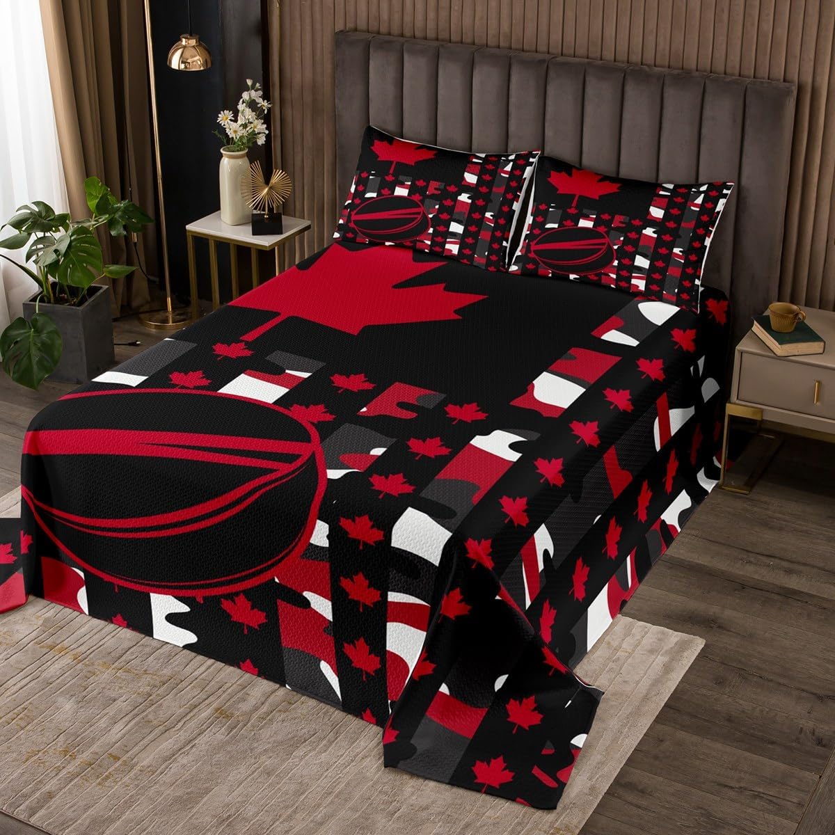 Wild Animals and Trees Bedspread King,Canadian Flag Vintage Red Maple Leaf Quilted Coverlet 3pcs for Adults Teens Room Decor,Elk Deer Soft Breathable Bedding Quilt