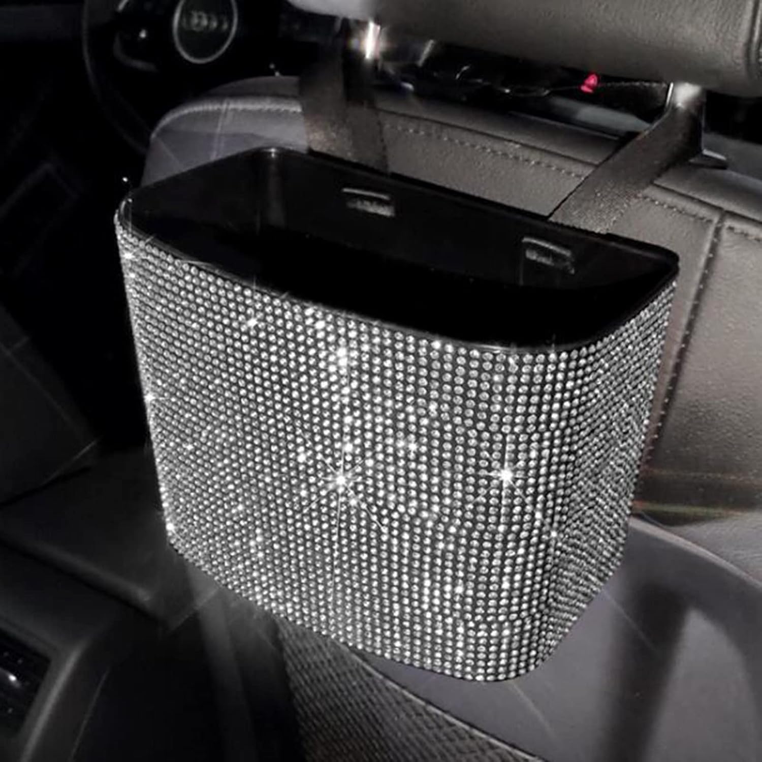 Car Trash Can,Bling Car Garbage Can Container Hanging Wastebasket with Rhinestones,Silver