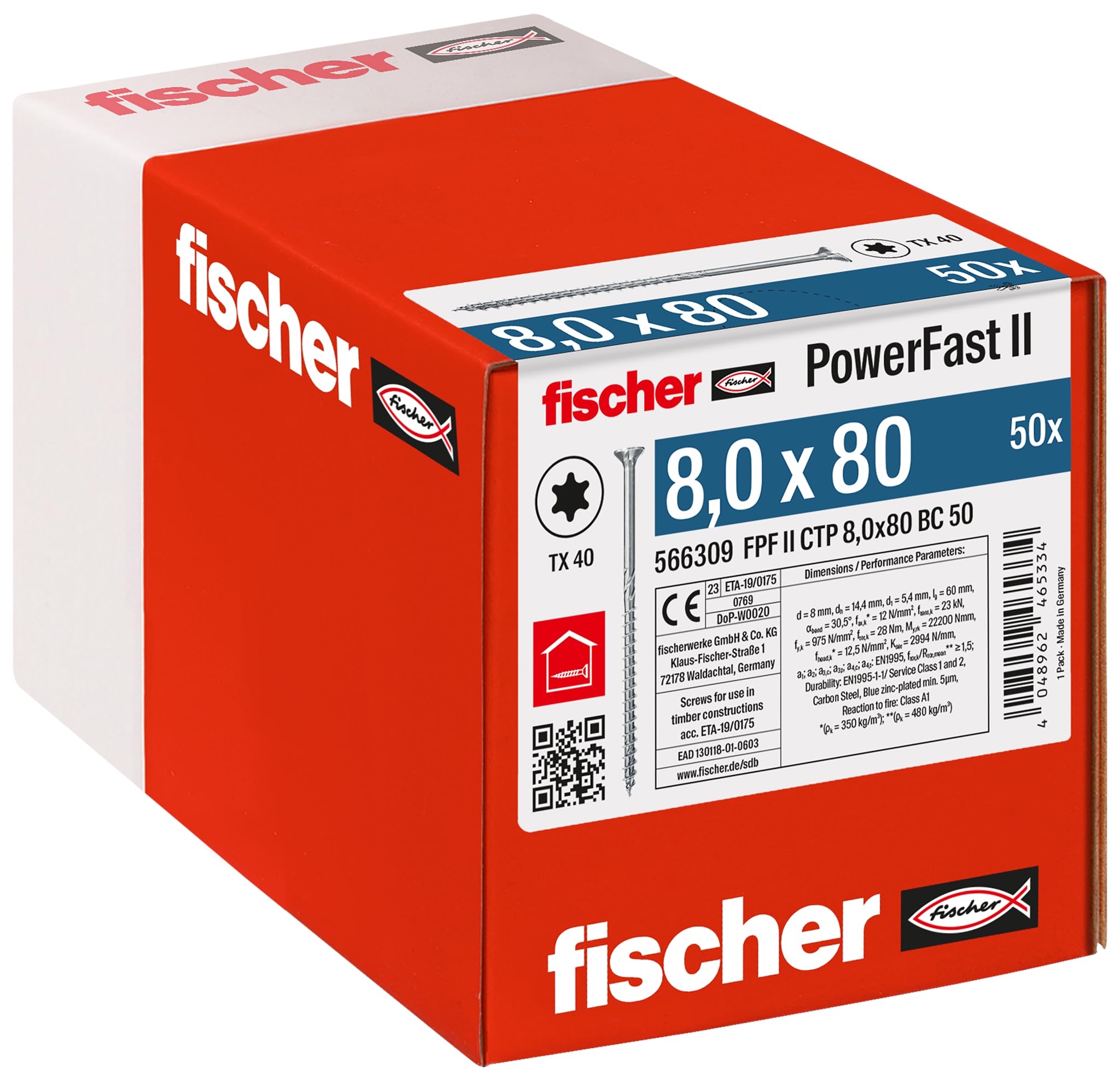 fischer PowerFast II CTP 8.0 x 80, powerful wood screws with countersunk head, inner star receptacle and partial thread