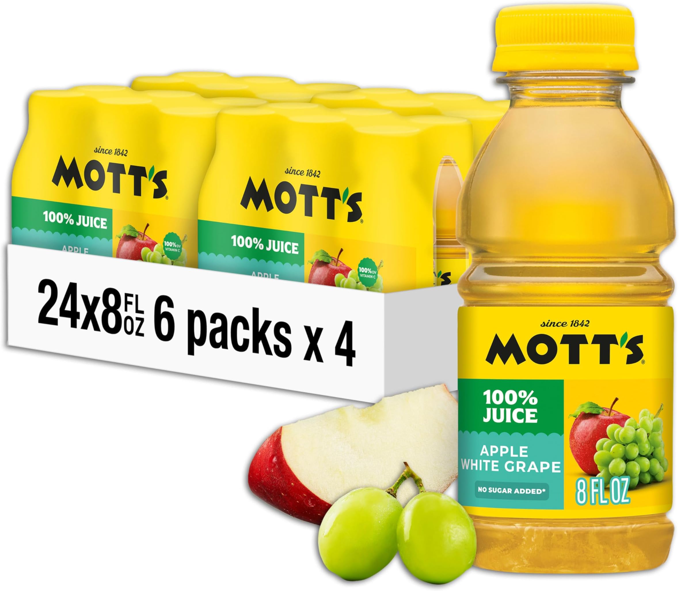 100% Apple White Grape Juice, 8 Fl Oz Bottles, 24 Count (4 Packs Of 6), No Added Sugar, Excellent Source Of Vitamin C, 2 Servings Of Fruit Per Bottle, Gluten & Caffeine Free, On-the-go