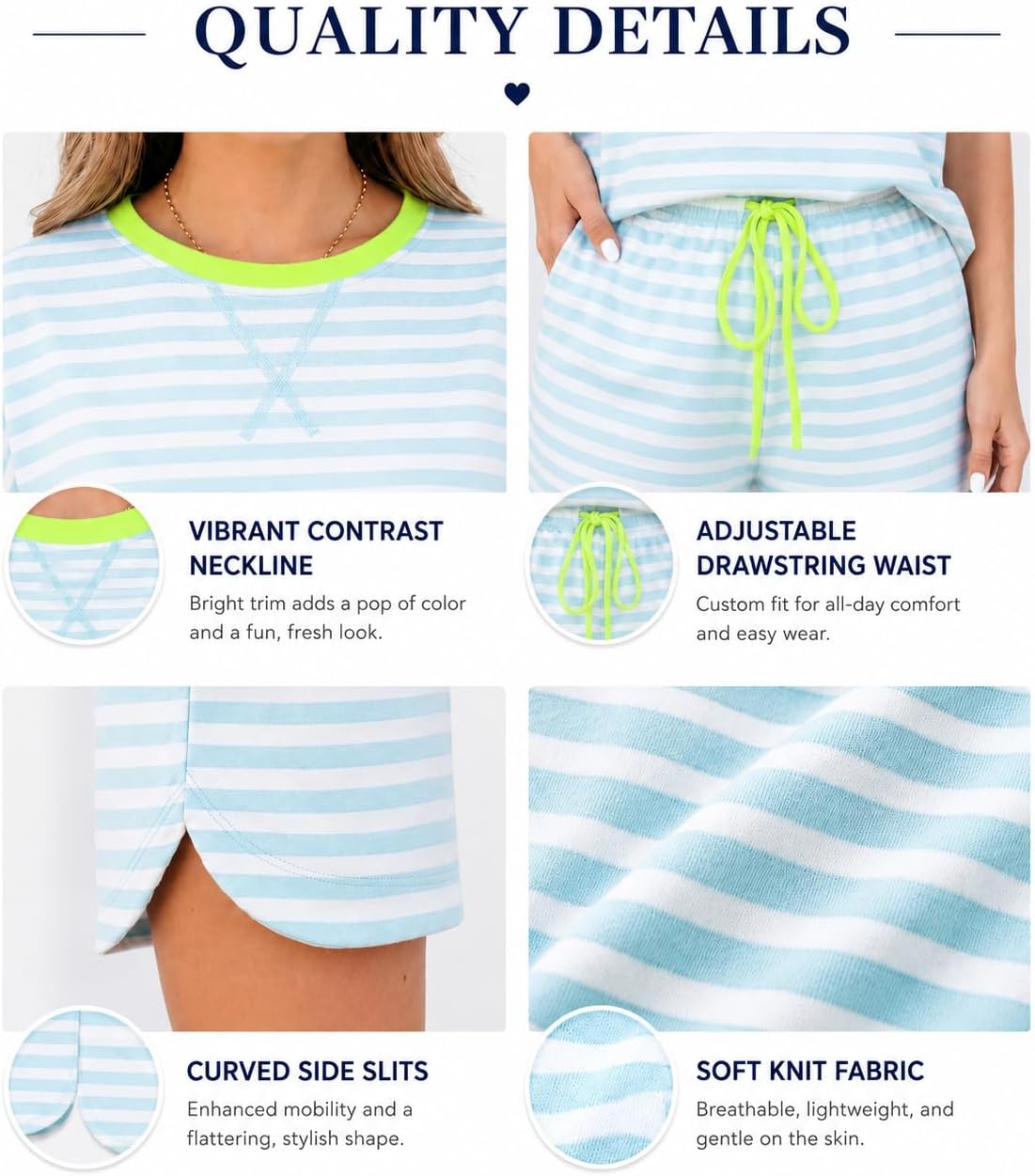 Womens 2 Piece Sets Stripe Print Contrast Neck Loose Tee and Drawstring Shorts Set