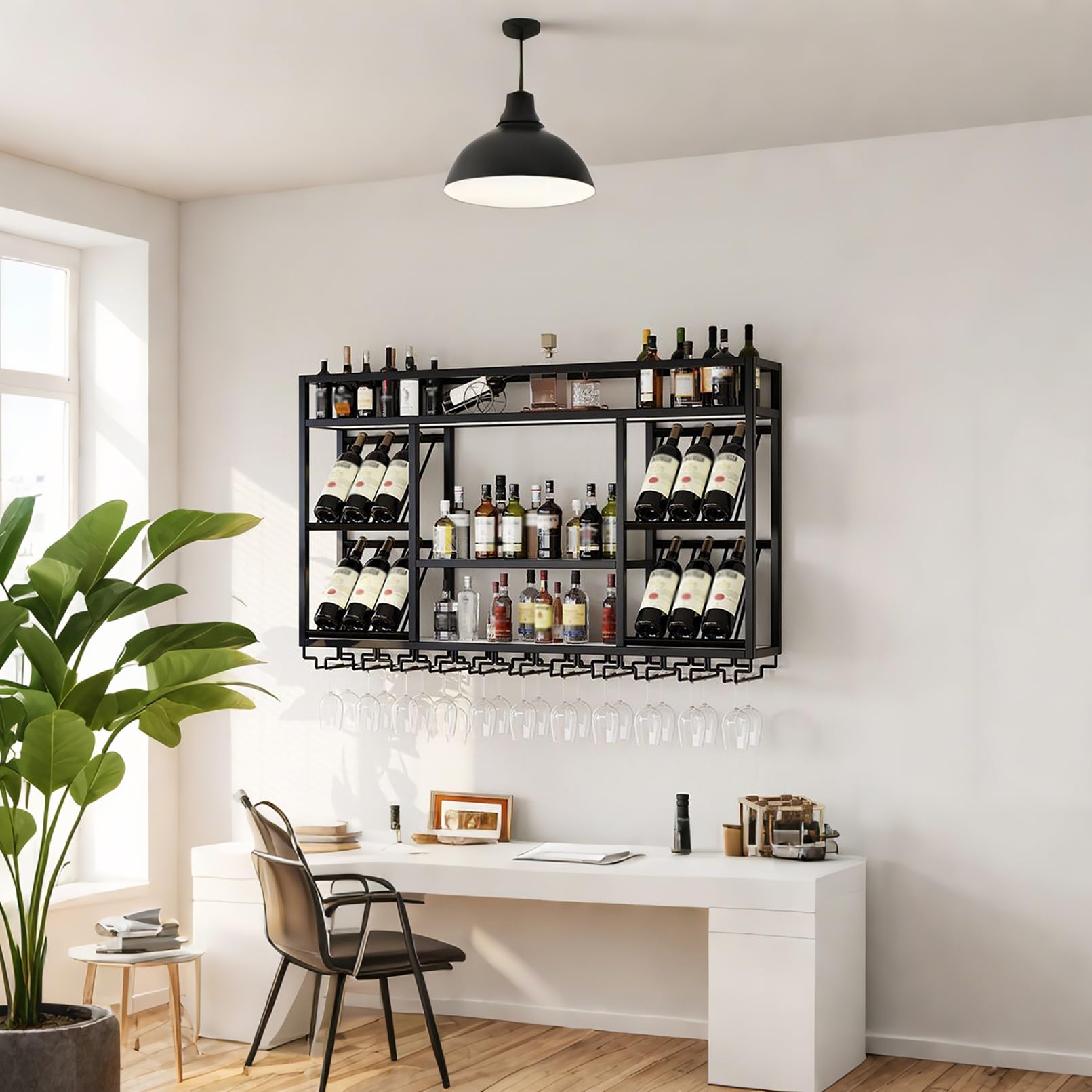 Estante de pared LED flotante para botellas de licor con soporte de vidrio, perfecto para bar, bodega de vino y decoración de cocina (negro, 140 x 25 x 70 cm)