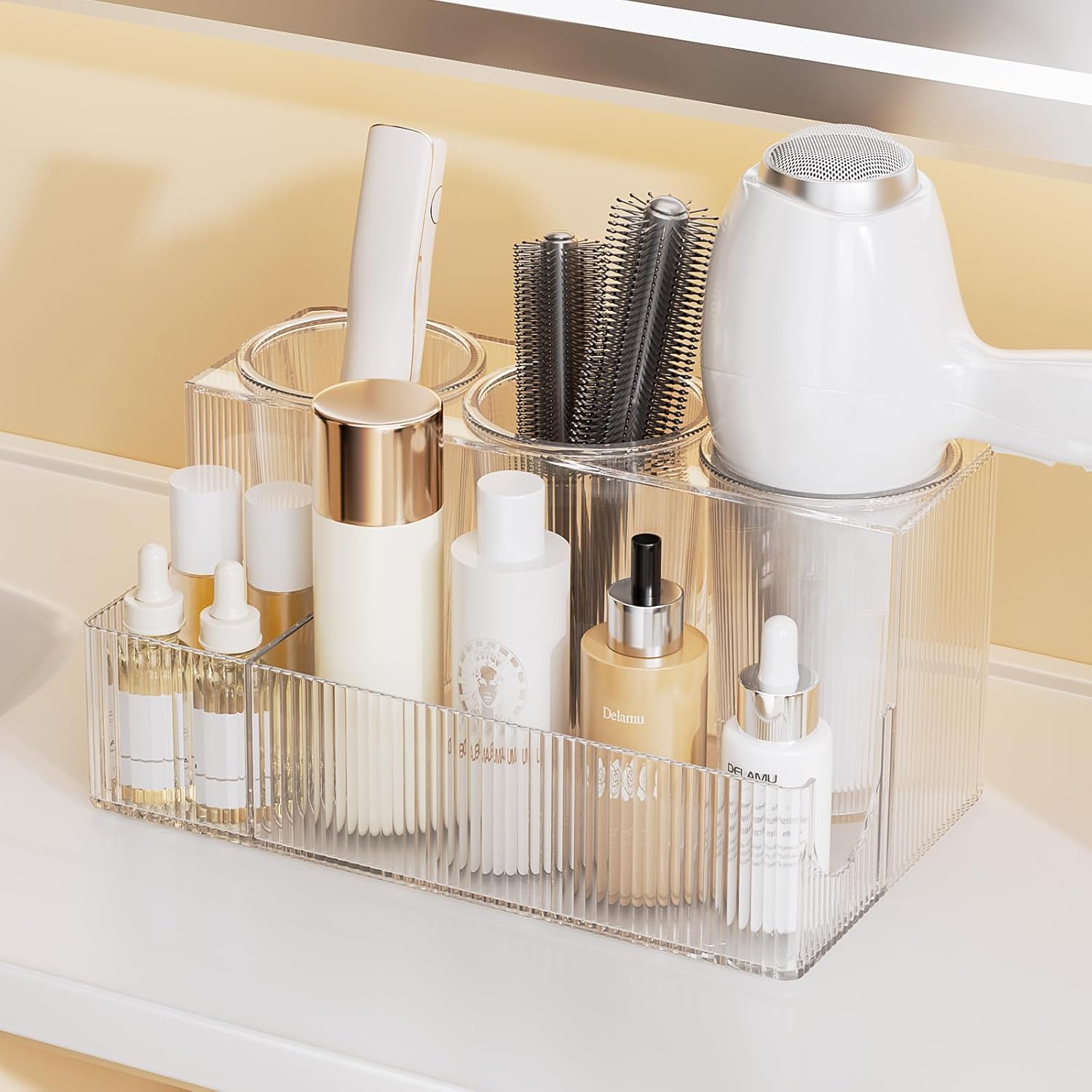 Hair Tool Organizer, Bathroom Sink Vanity Trays, Hair Dryer Holder with Detachable 3 Cups, Transparent Wave Design, Stylish & Durable, Ideal for Makeup, Vanity, Bathroom Counter Organizers and Storage