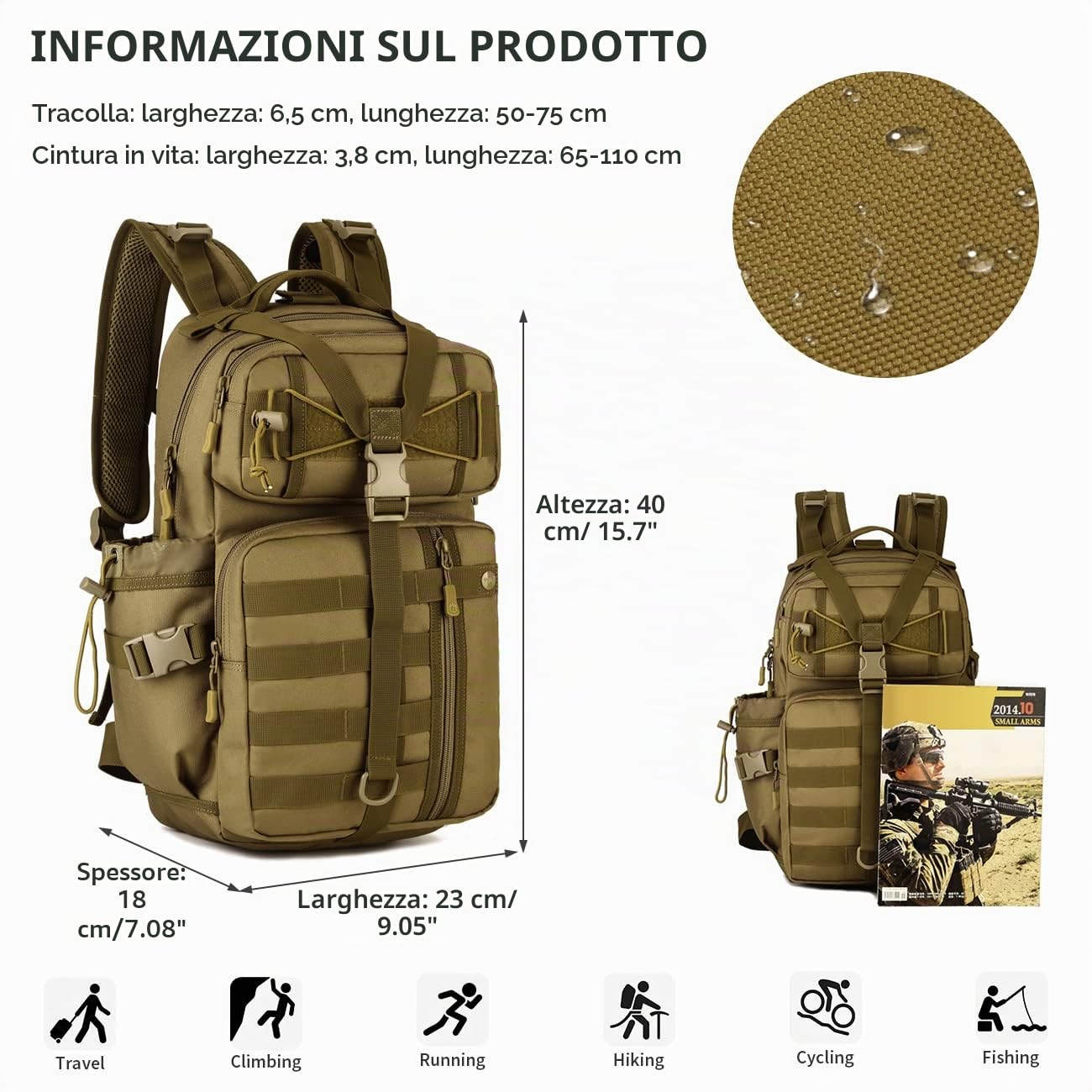 HUNTVP Zaino Militare 30L, Zaino Uomo Sportivo Tattico 30 Litri per Viaggio Trekking Ciclismo All'aperto Campeggio Escursionismo,Marrone
