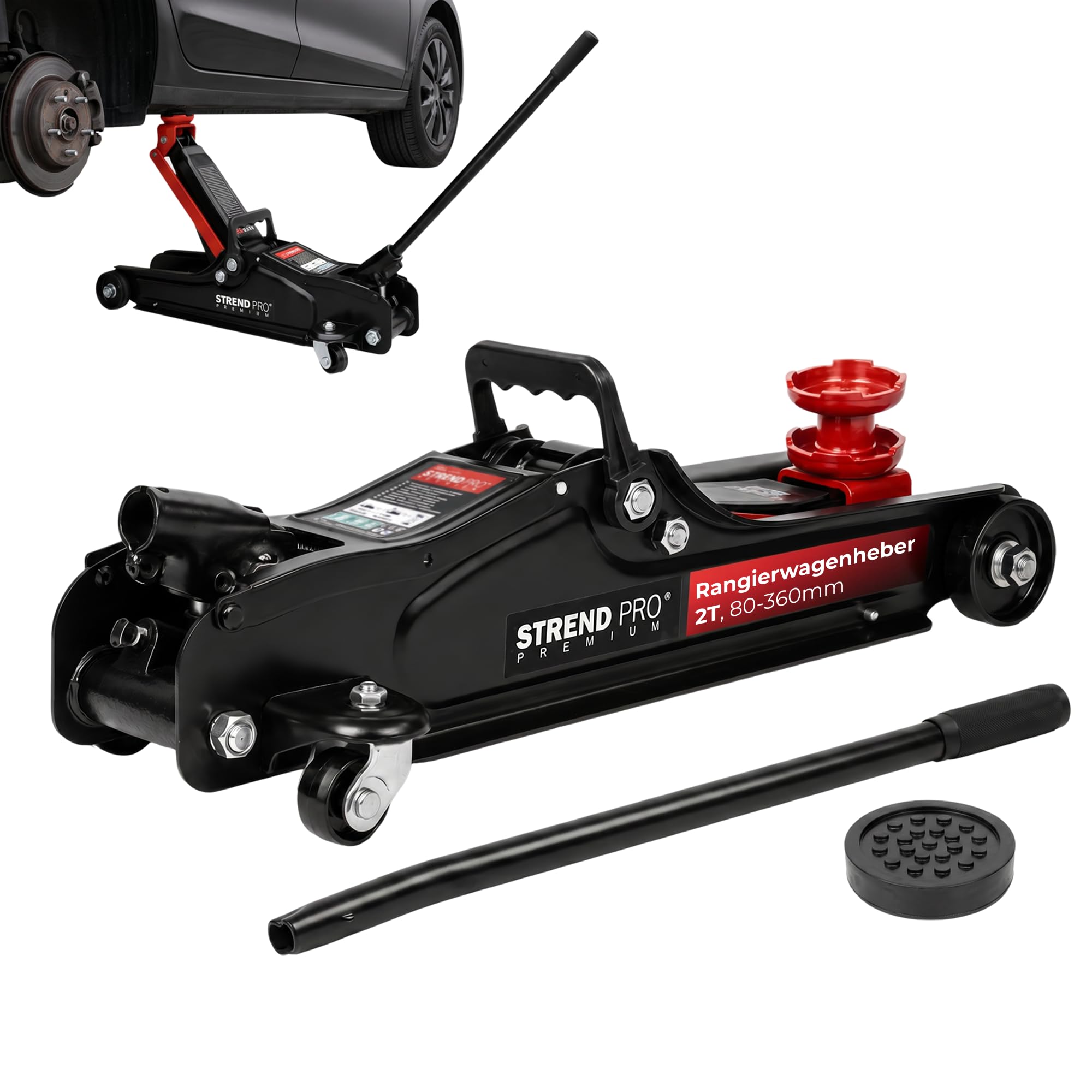 STREND PRO Premium Rangierwagenheber 2,5 t, hydraulischer Wagenheber flach, 80-360 mm Hubhöhe, fahrbar, mit Gummiadapter, niedrige Bauform für PKW