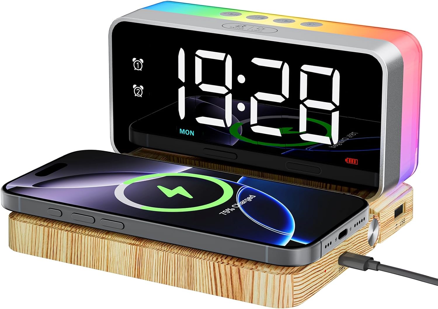 Bedroom Alarm Clock for Heavy Sleepers - 5 in 1 Magnetic 10W Wireless Charger with White Noise Bluetooth Speaker RGB Light Dual Alarm (Woodgrain)