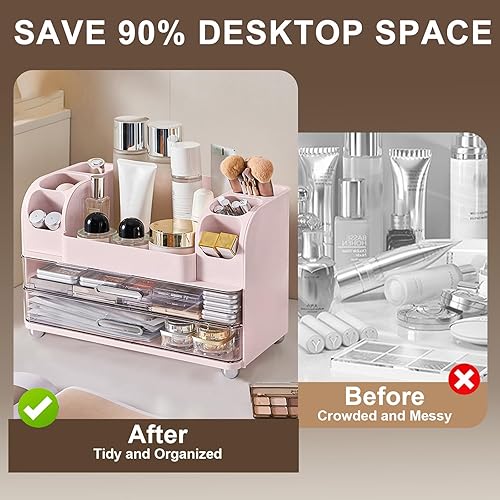Miniatura 4 de DASITON Organizador de maquillaje de gran capacidad para tocador con 2 cajones, organizadores de cuidado de la piel con soporte para brochas de