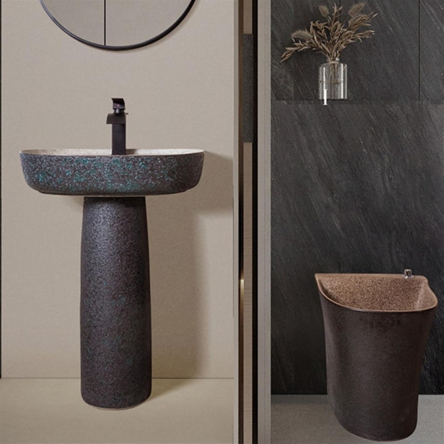 Industrial Style Ceramic Pedestal Sink 2-Piece Floor Standing Vanity Basin, Frosted Finish Bathroom Vessel Sink with Single Faucet,2,2