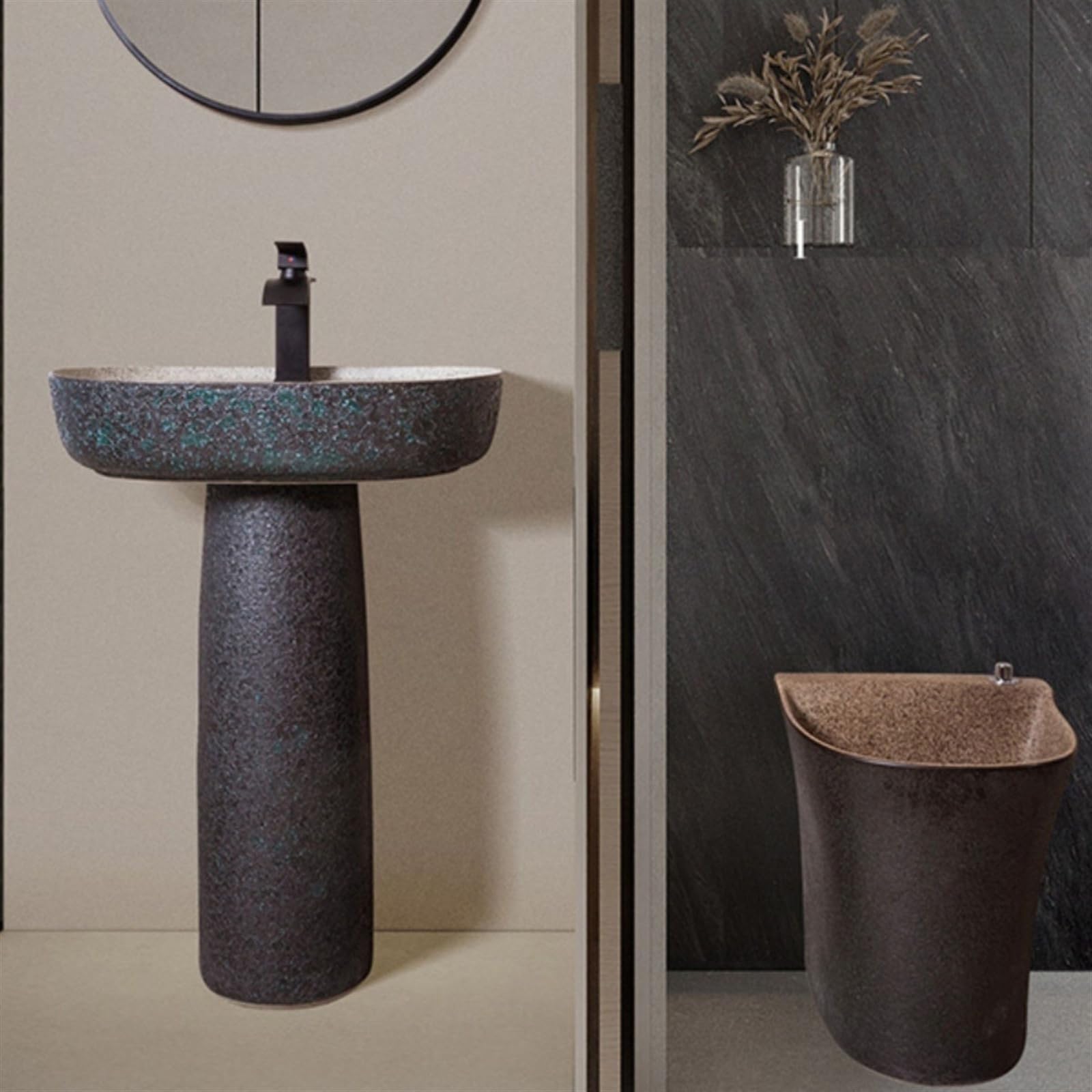 Cokół umywalka ceramiczna umywalka, 2-częściowa umywalka stojąca, styl przemysłowy matowa podstawa umywalka łazienkowa z pojedynczym otworem na baterię umywalka stojąca, 2