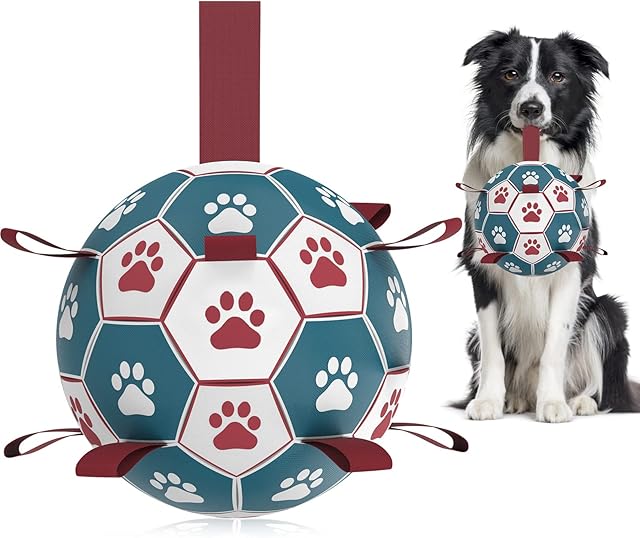 HETOO Dog Toys Soccer Ball, Interactive Dog Toys for Tug of War, Dog Tug Toy, Dog Water Toy, Durable Dog Balls for Small & Medium Dogs-Blue&Red(6 inch)