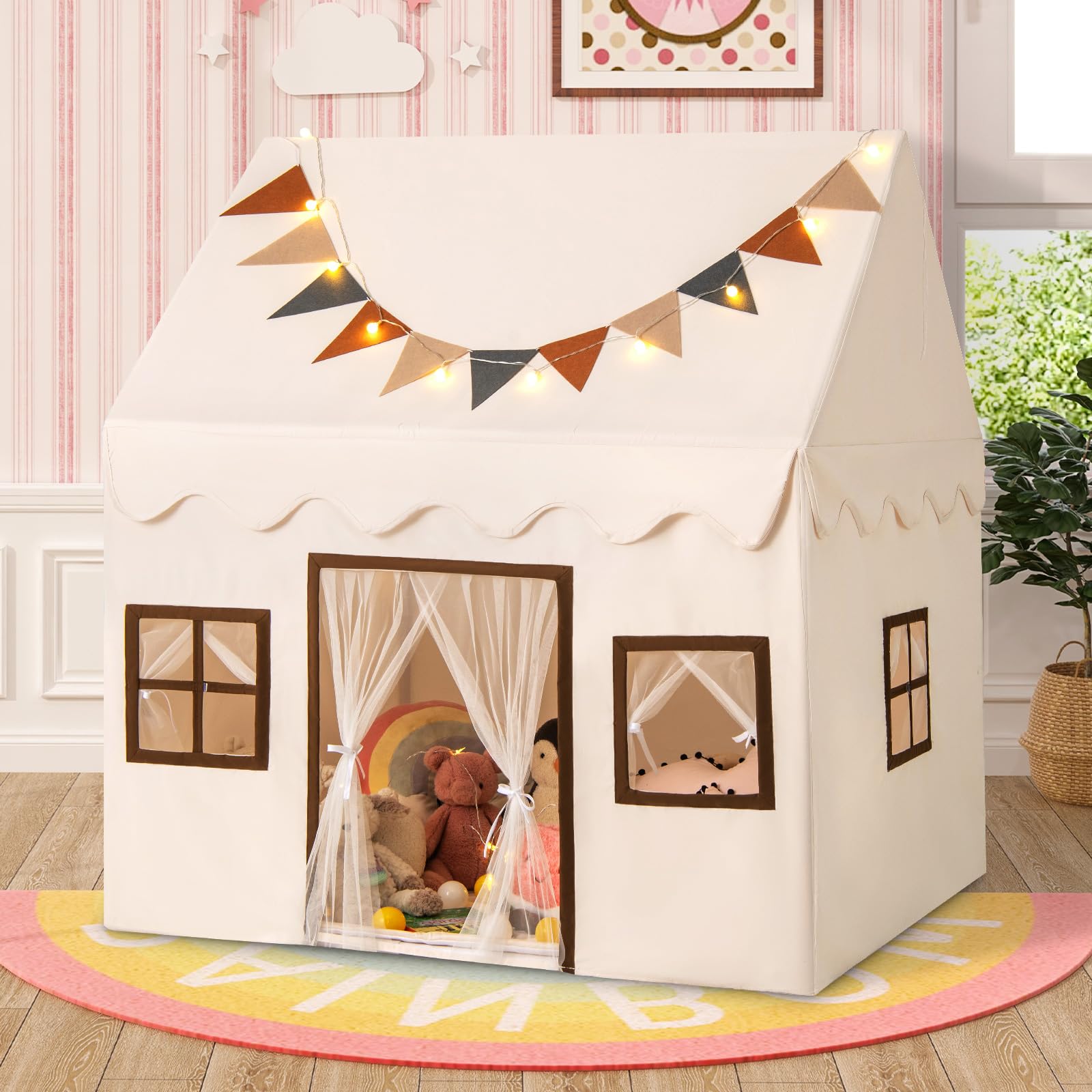 COSTWAY Spielhaus Kinder Indoor, Kinderzelt mit Matte und Lichtern, Spielzelt für Drinnen, Kinderspielhaus ab 3 Jahren für Kinderzimmer, Spielzimmer, Party
