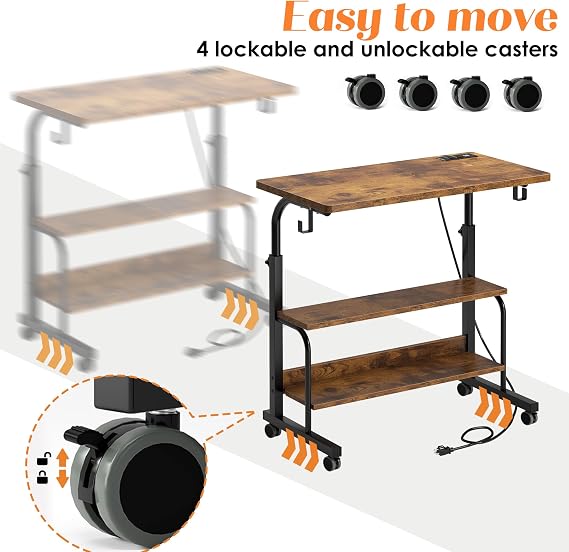SogesHome 31.5 inches Adjustable Table Mobile Bed Table Portable Laptop Computer Stand Desks with Rolling Wheels, Three-Hole Sockets and USB Ports,Rustic Brown