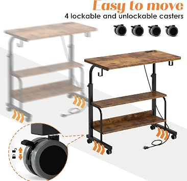 SogesHome 31.5 inches Adjustable Table Mobile Bed Table Portable Laptop Computer Stand Desks with Rolling Wheels, Three-Hole Sockets and USB Ports,Rustic Brown
