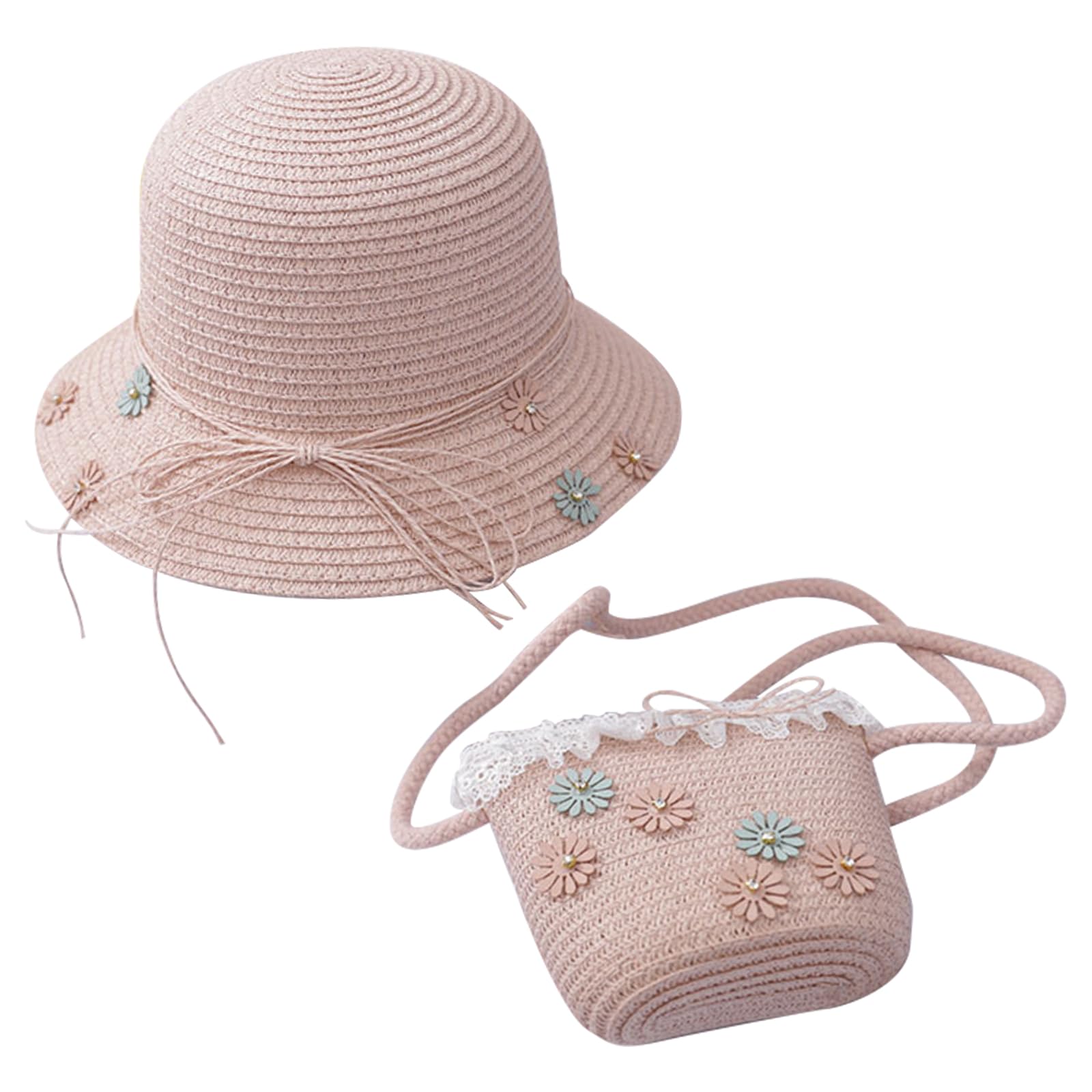 Copbopwn Sombrero y Bolso de Paja con Flores para niños, Gorro de Paja para niñas Gorro de Playa de Verano Gorro de Sol de Paja Plegable Mini Bolso de Paja Transpirable Gorro de Sol para niños (-, Rosa)