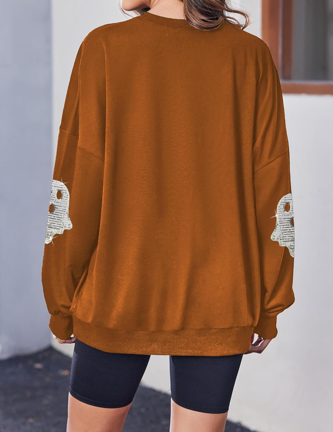 Halloween Sweatshirts for Women Sequin Ghost Long Sleeve Shirt Oversized Spooky Season Pullover Tops - Image 5