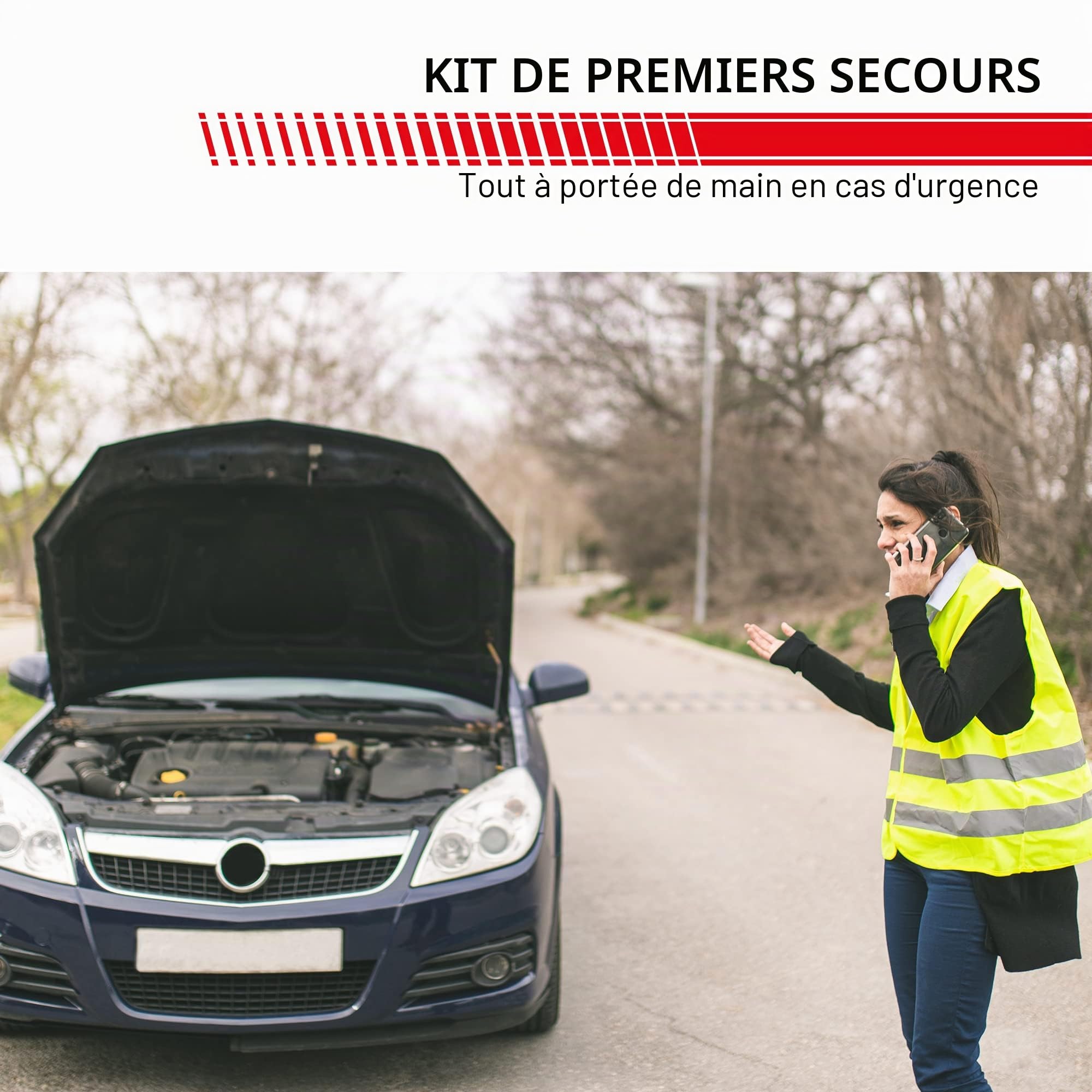 Sacoche multifonctions pour véhicule Rouge Contient une trousse de secours conforme à la norme DIN 13164, un triangle de signalisation ECE, un gilet de sécurité